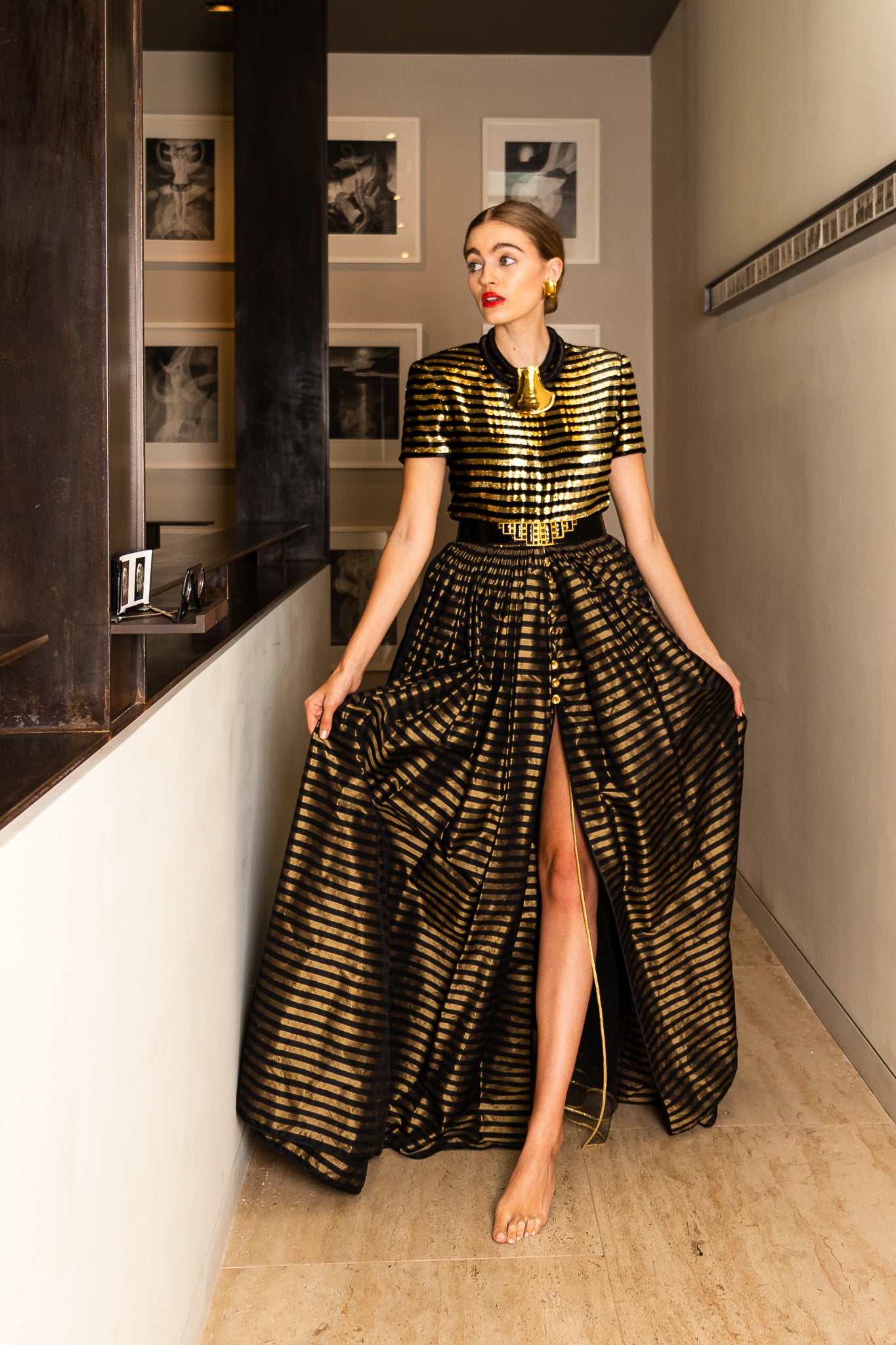 Hannah in Galanos Gold Striped Velvet Taffeta Slit Gown With Shorts @ Recess Vintage ACA Virtual