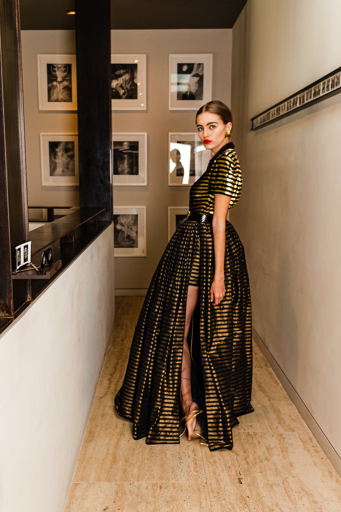 Hannah in Galanos Gold Striped Velvet Taffeta Slit Gown With Shorts @ Recess Vintage ACA Virtual