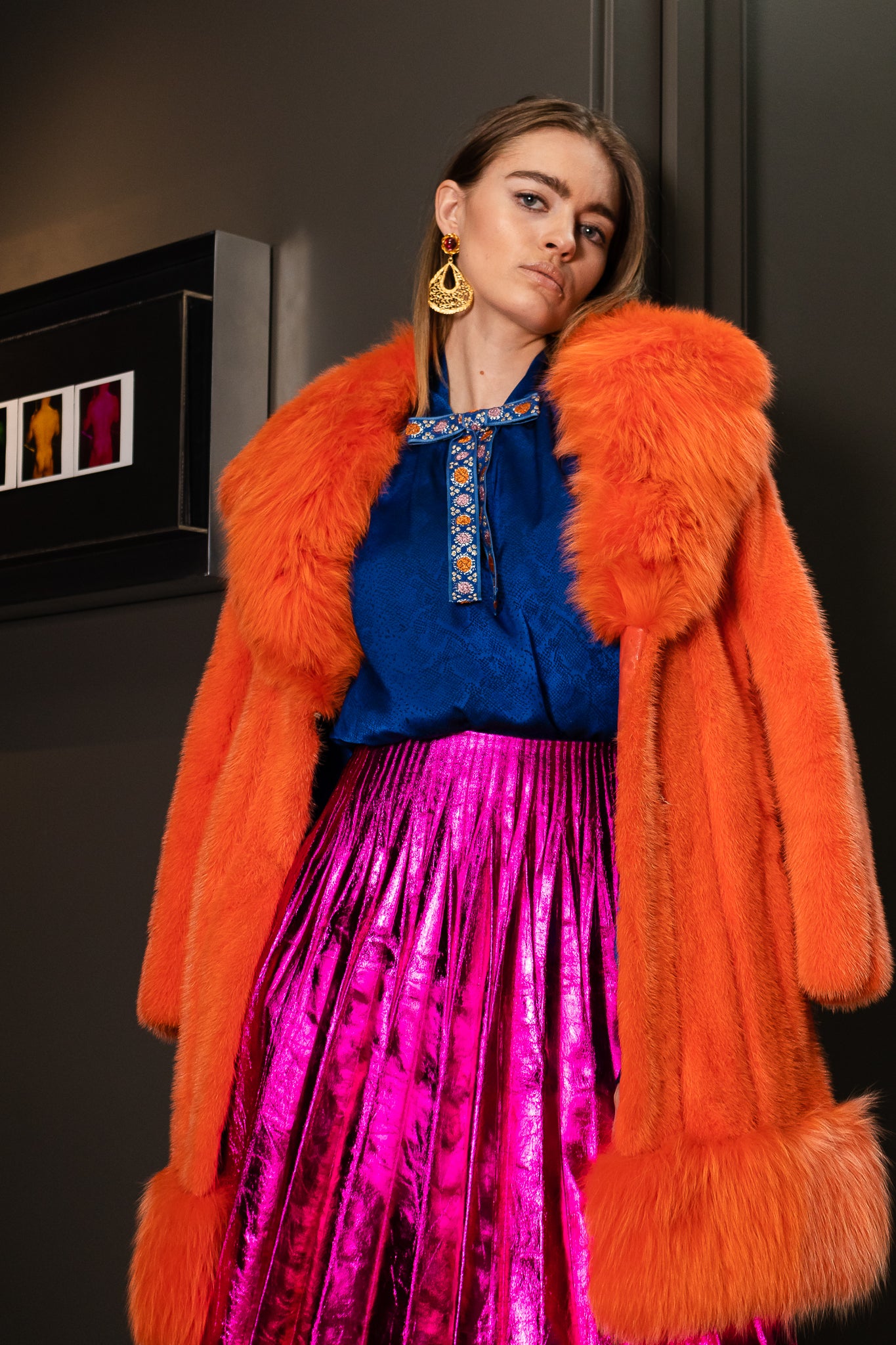Hannah in Mannis Fur, Saint Laurent Blouse, Gucci Leather Skirt @ Recess LA Vintage ACA Virtual