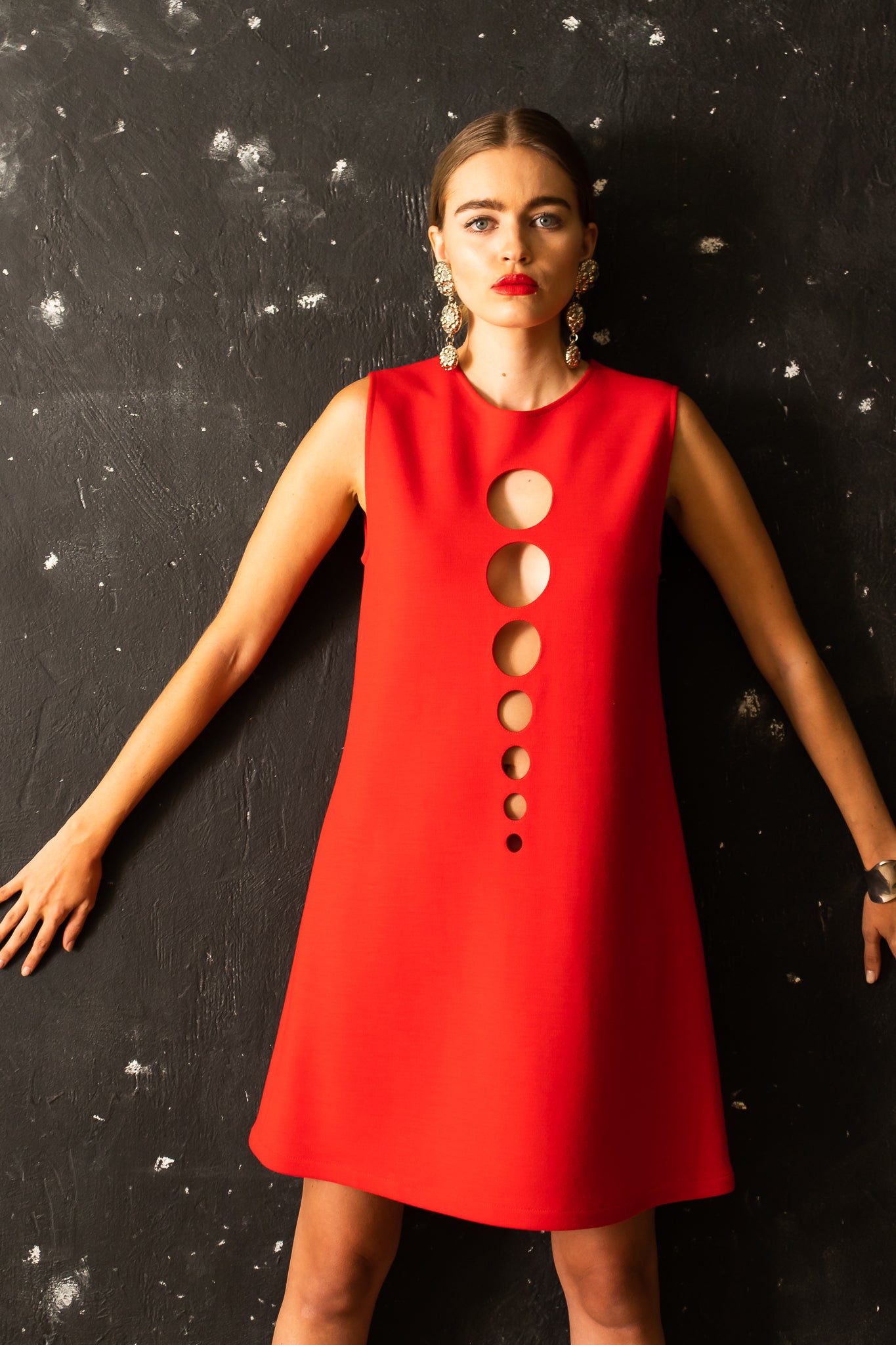 Hannah in red Pierre Cardin Iconic Shift Circle Cutout Dress @ Recess LA Vintage ACA Virtual