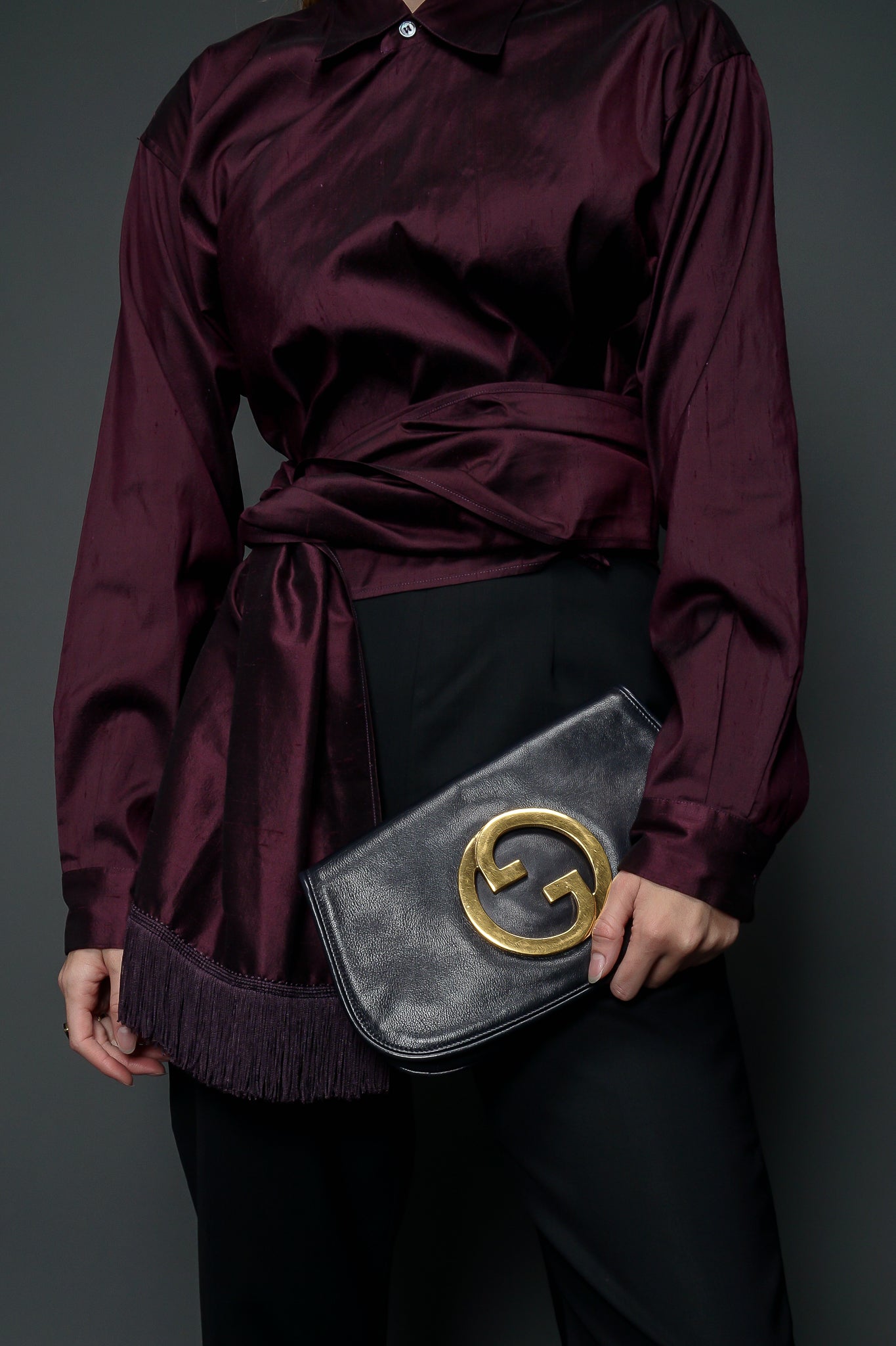 Girl wearing maroon Callaghan scarf top w/ Gucci Blondie Bag at Recess LA Designer Vintage 