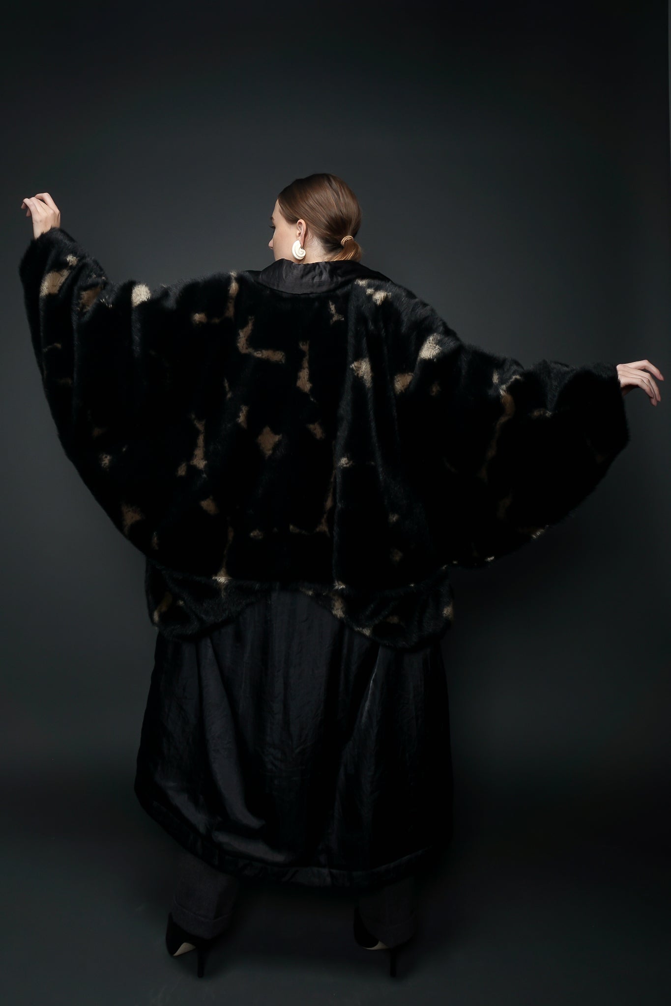 Girl in Black Issey Miyake 80s Faux Fur Overcoat backside at Recess LA Vintage Designer Consignment