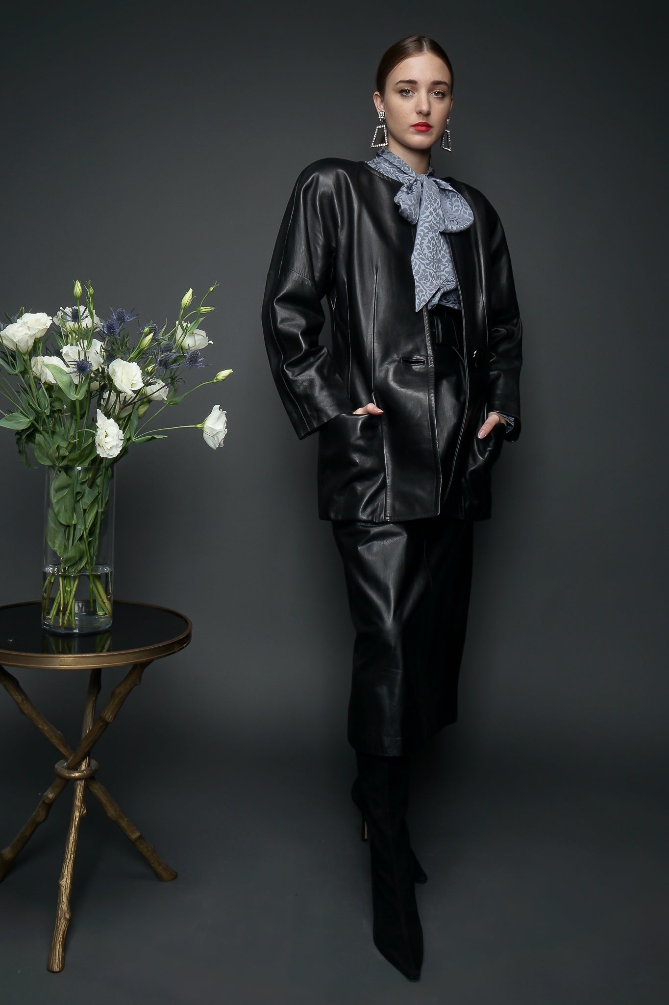 Girl in Yves Saint Laurent YSL Sterling Blouse & Leather Skirt & Jacket at Recess LA Vintage