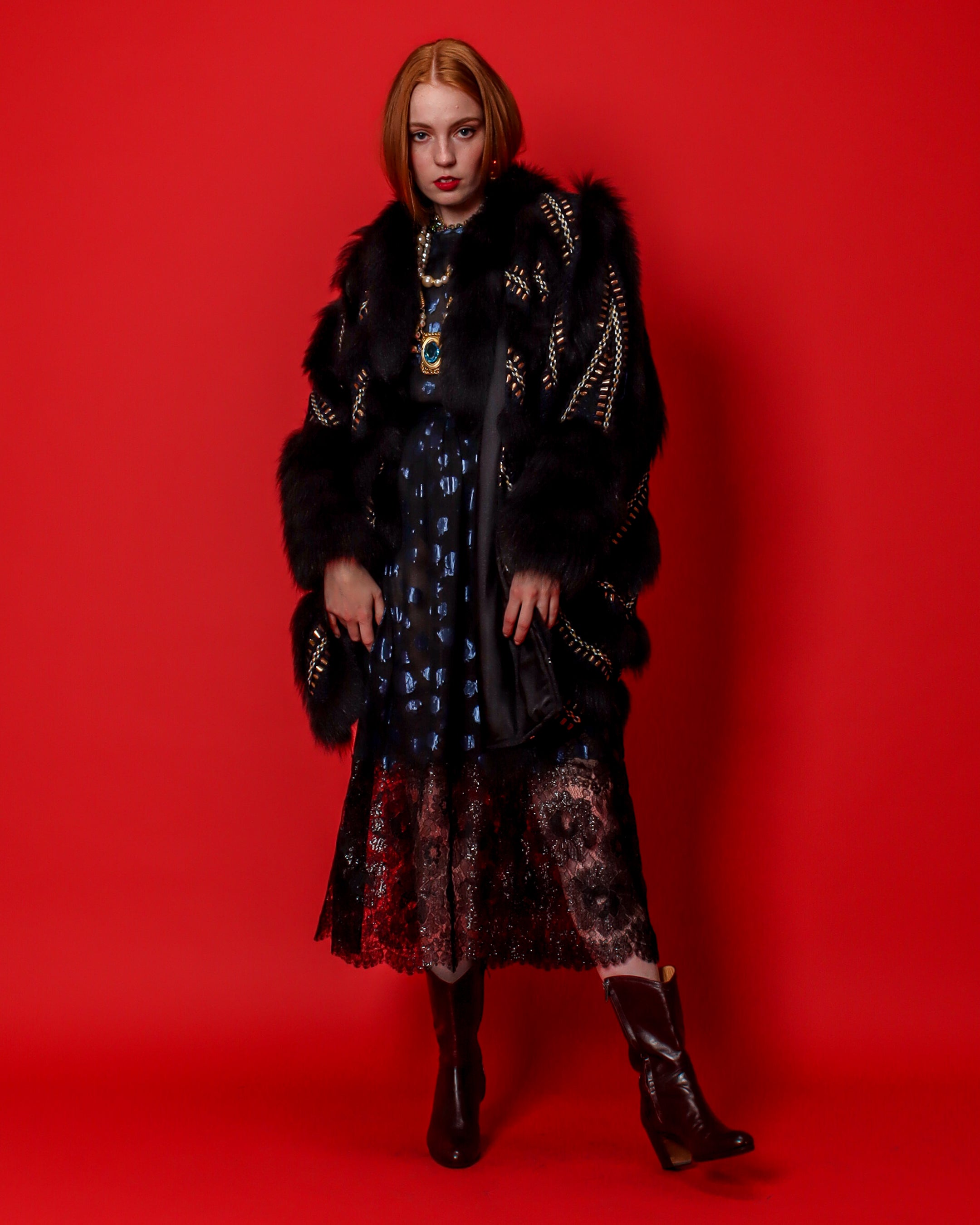 Emily O'Dette in Geoffrey Beene Velvet Set, Chevron Fur Coat & Jewel Frame Necklace @ Recess LA