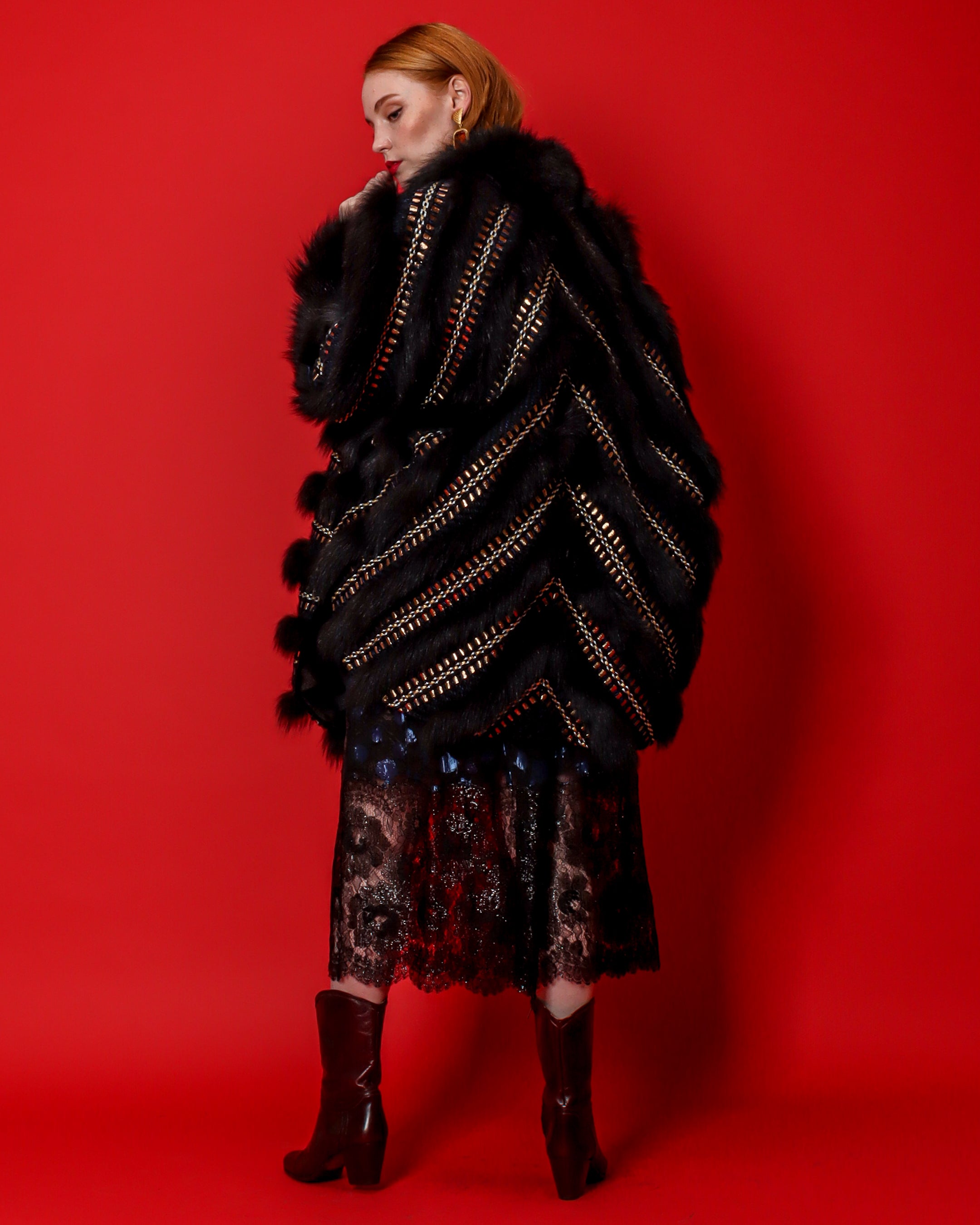 Emily O'Dette in Geoffrey Beene Velvet Set, Chevron Fur Coat & Jewel Frame Necklace @ Recess LA
