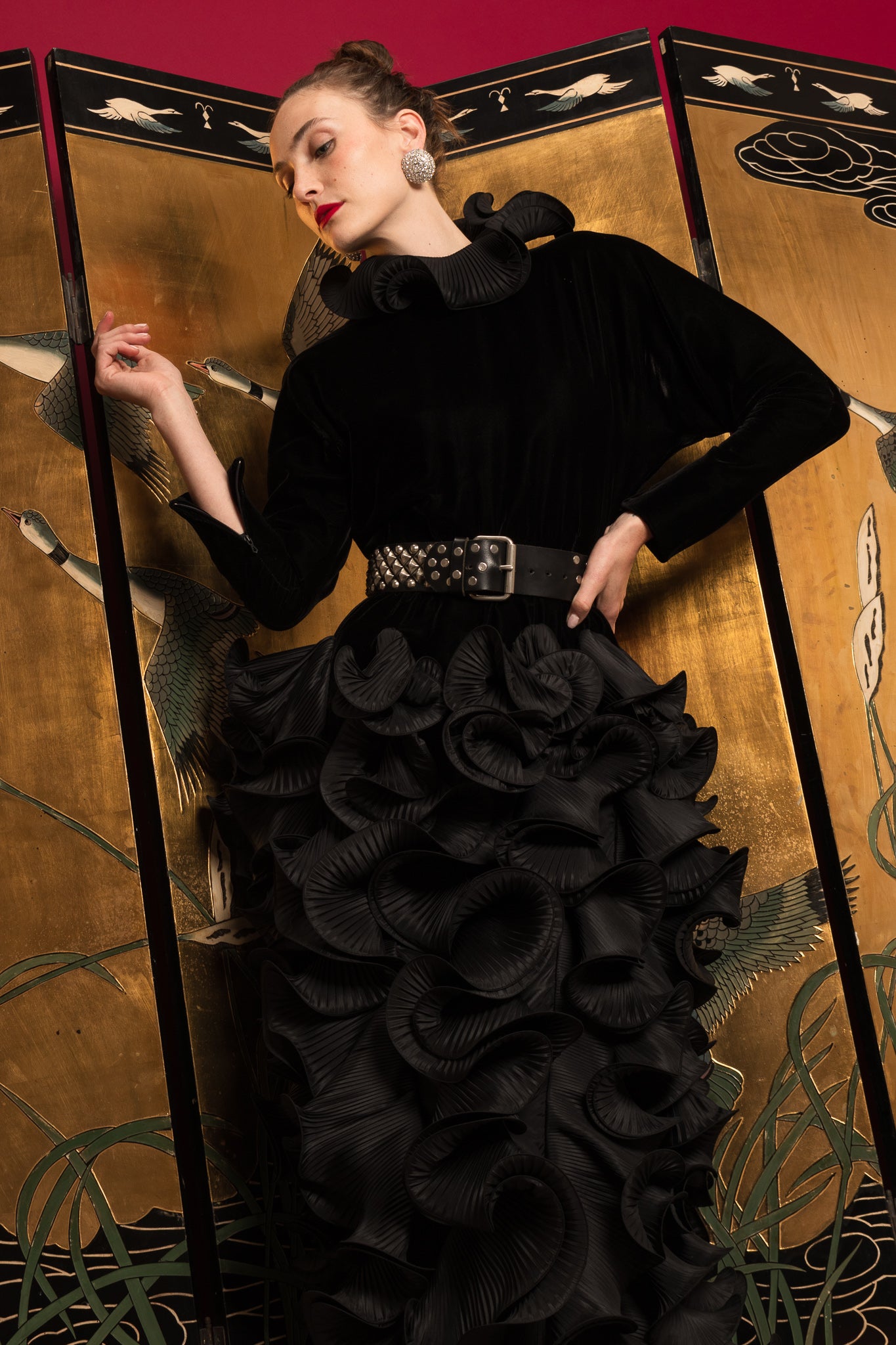 Model Emily in Pierre Cardin 1985 A/W Couture Ruffle Taffeta Gown @ Recess LA