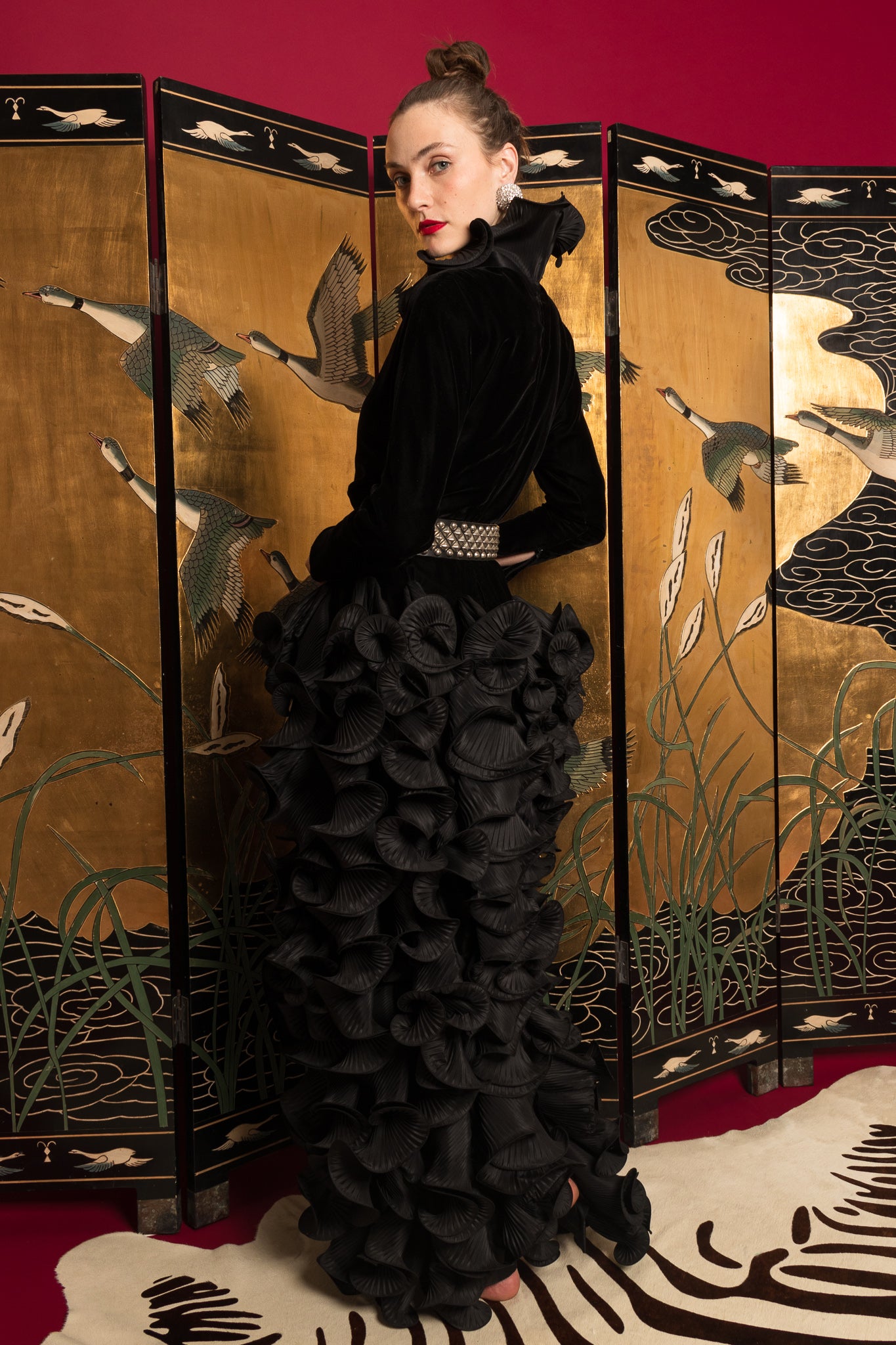 Model Emily in Pierre Cardin 1985 A/W Couture Ruffle Taffeta Gown @ Recess LA