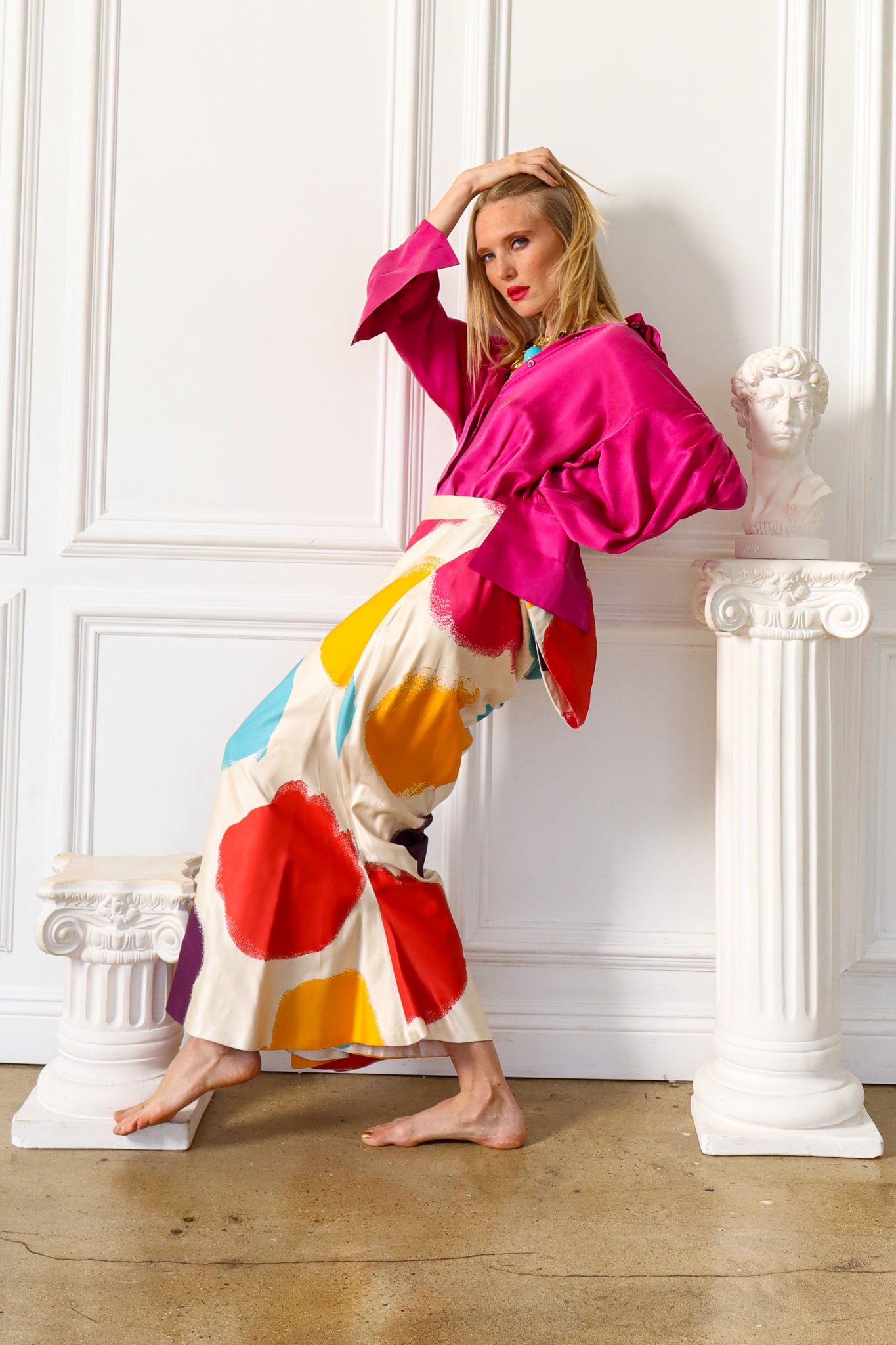 Miranda in Vivienne Westwood Arts & Craft Skirt & Twin Lions Pendant Necklace @ Recess Los Angeles