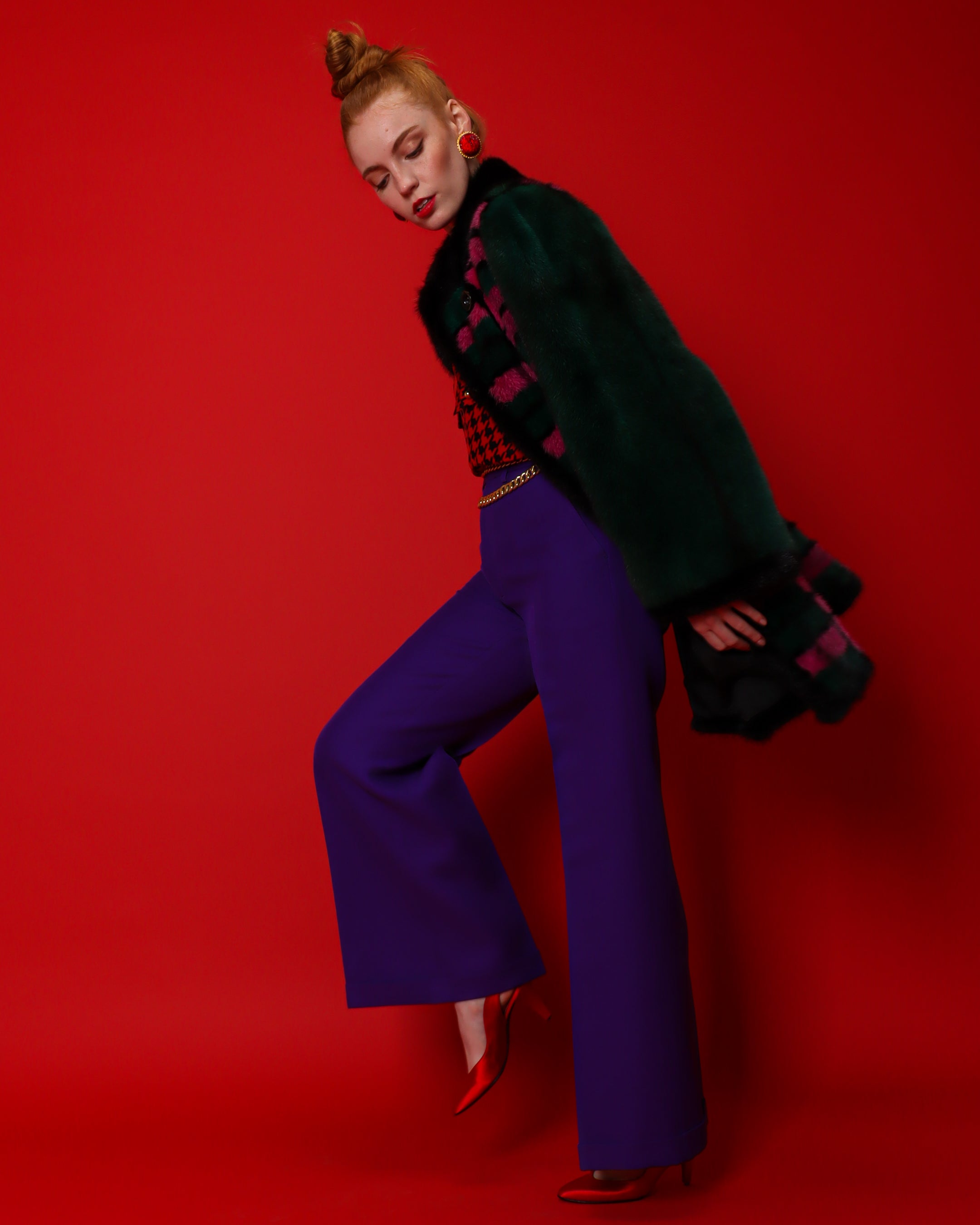 Emily O'Dette in Dior Coat, David Hayes Blouse, Gucci Pant, & Chanel Belt @ Recess LA