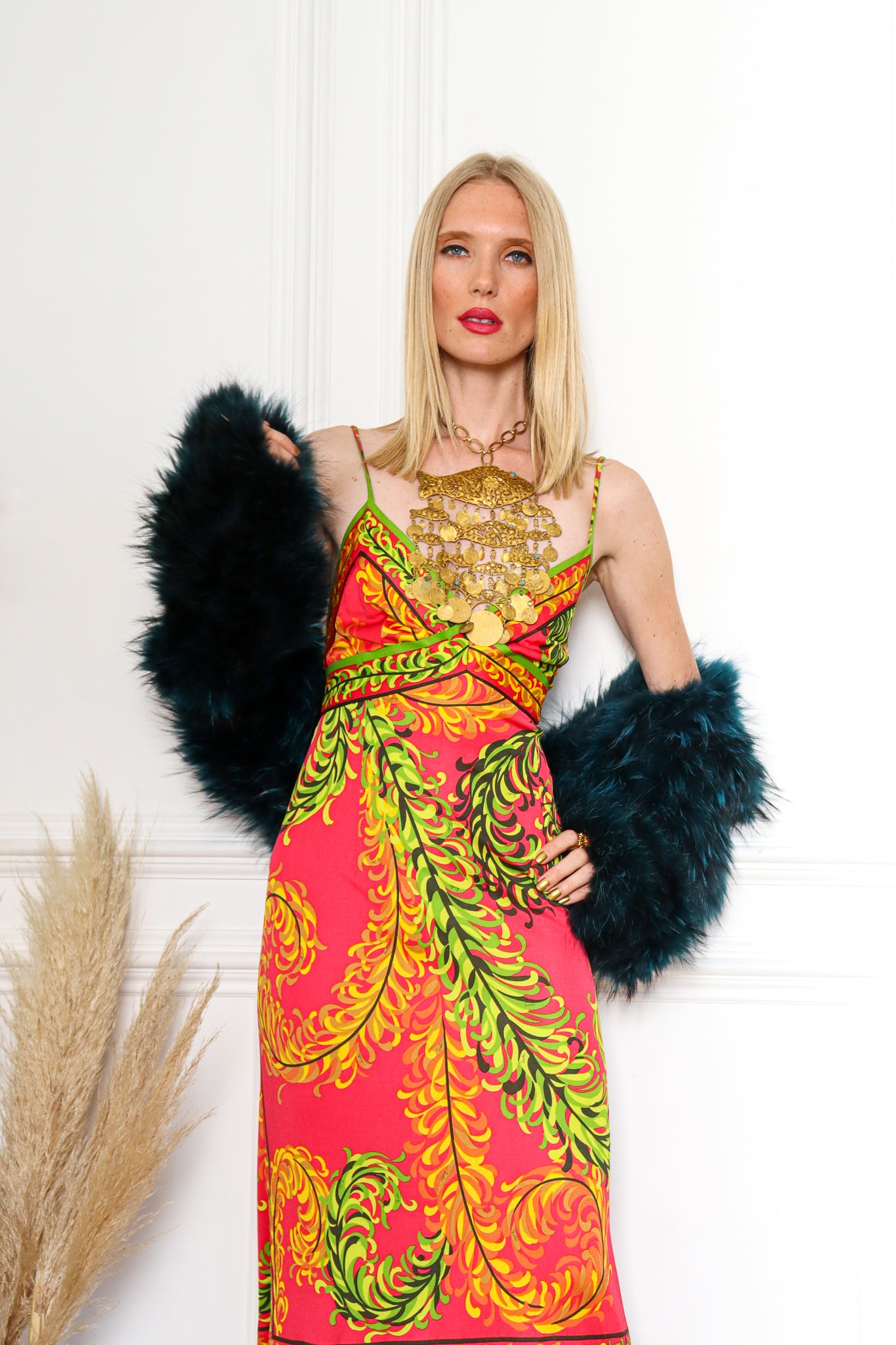 Model Miranda in Pucci Dress, Sonia Rykiel Sleeve Jacket, & Moon Fish Necklace at Recess Los Angeles