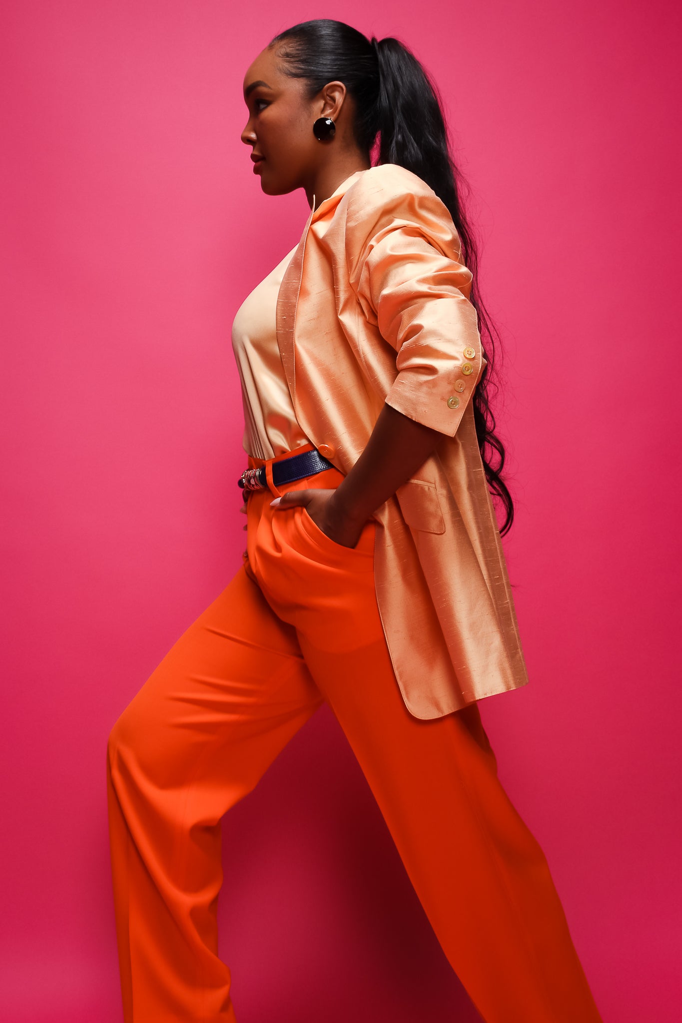 Brittany Hampton in Escada Colada Orange Sherbet Jacket  at Recess Los Angeles Designer Consignment