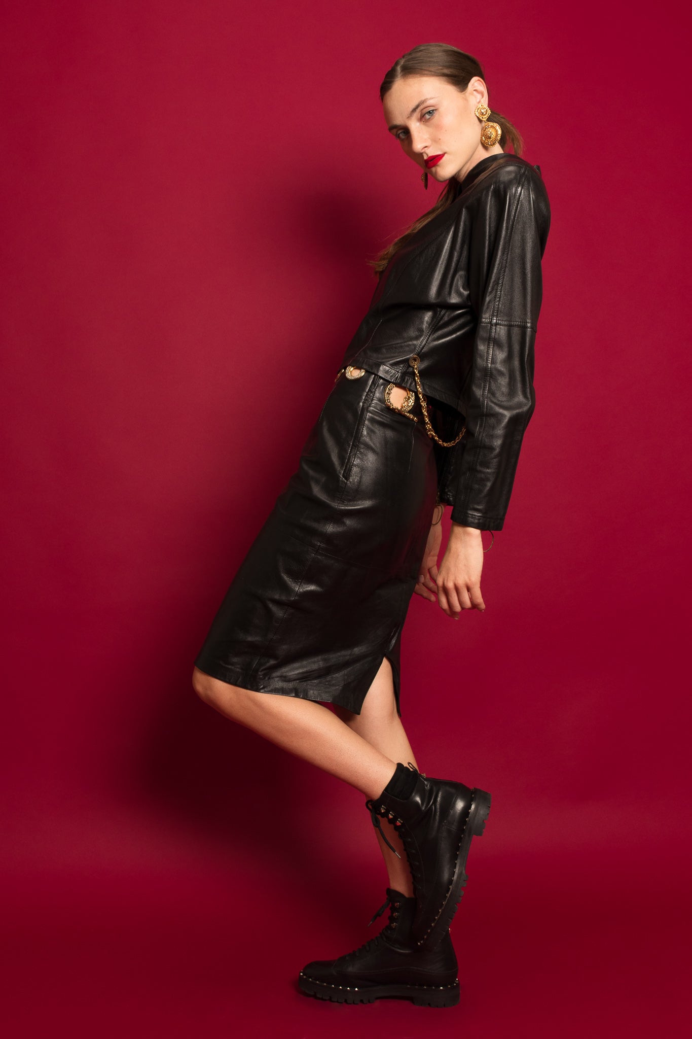 Model Emily in Gianfranco Ferrè Leather Set & Richard Kerr Earrings @ Recess LA