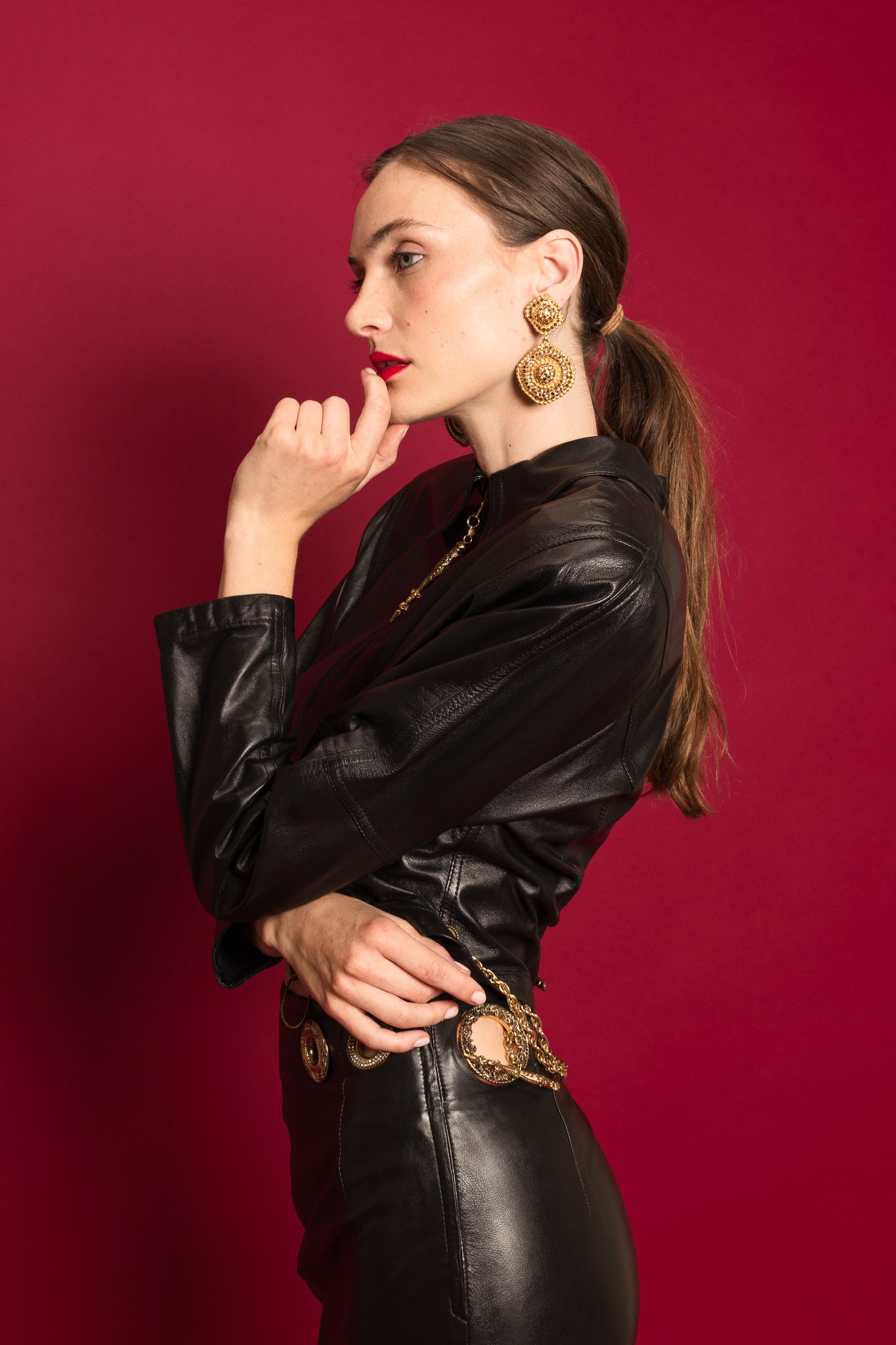 Model Emily in Gianfranco Ferrè Leather Set & Richard Kerr Earrings @ Recess LA