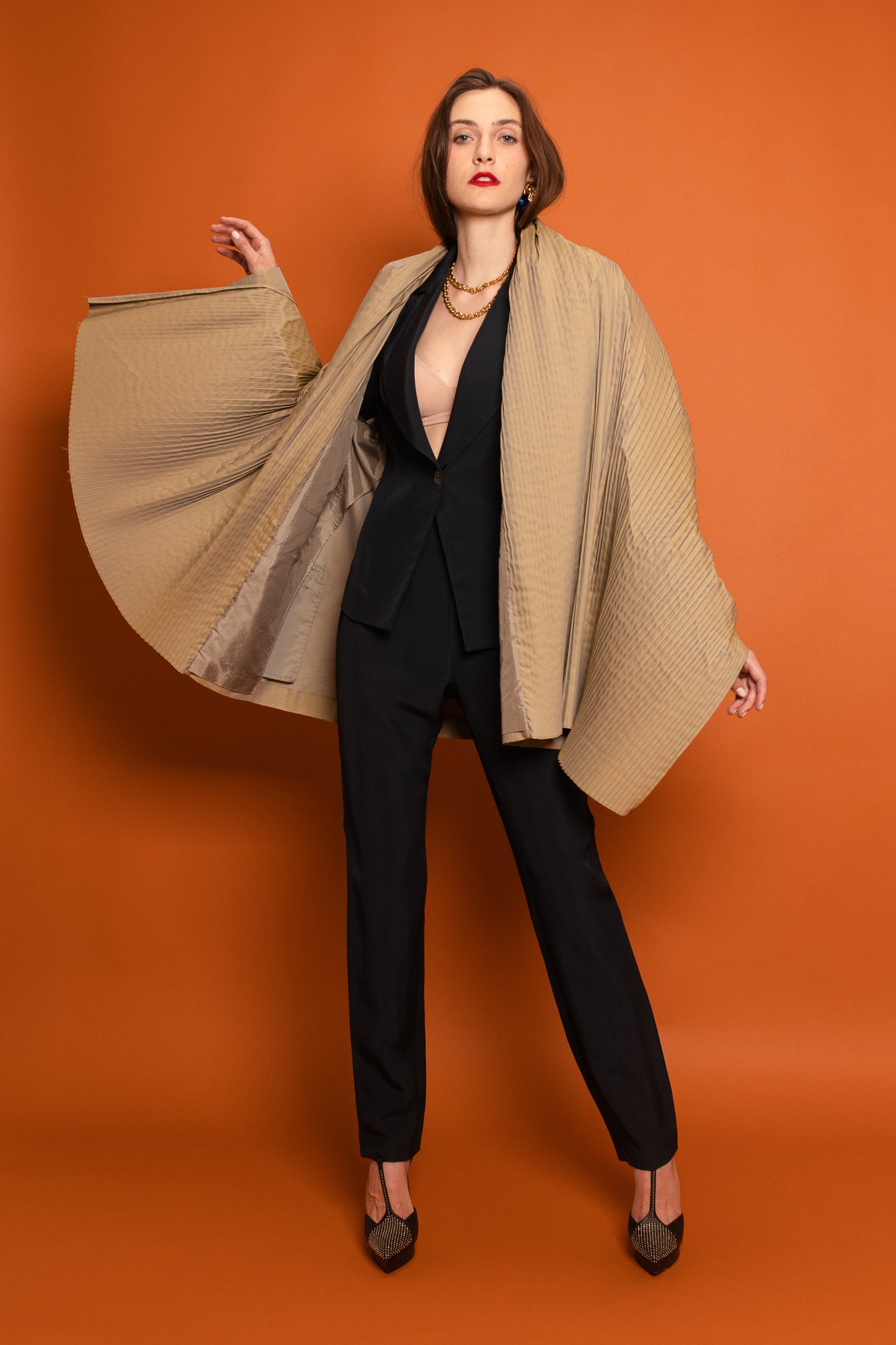 Model Emily in Callaghan Suit & Romeo Gigli Pleat Blazer @ Recess LA