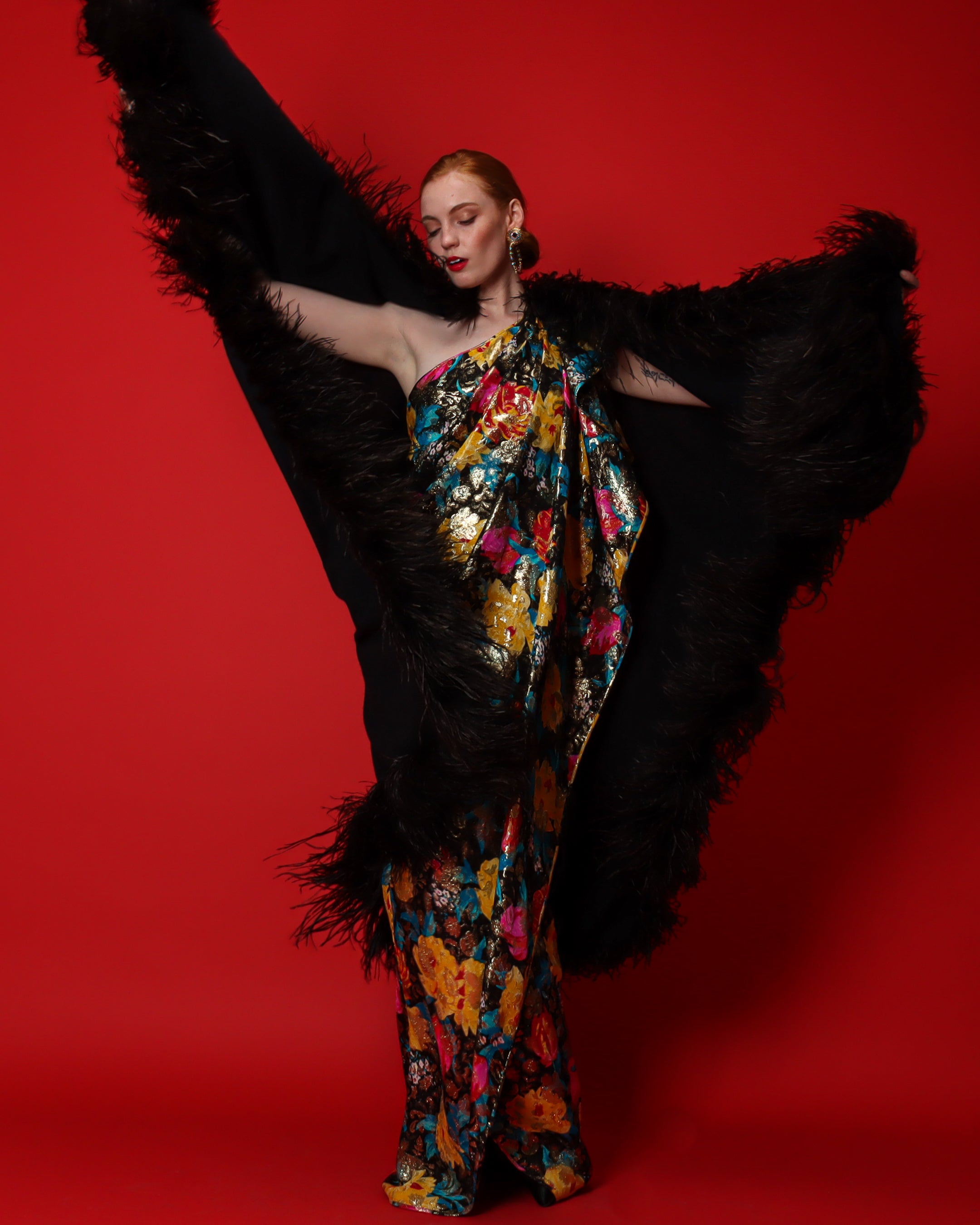 Emily O'Dette in Ungaro Metallic Floral Gown & Oscar de la Renta Feather Shawl @ Recess LA