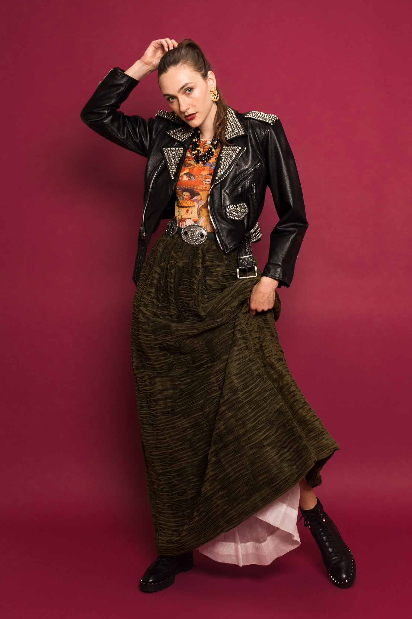 Model Emily in LA Roxx Jacket & Sybil Connolly Skirt @ Recess LA