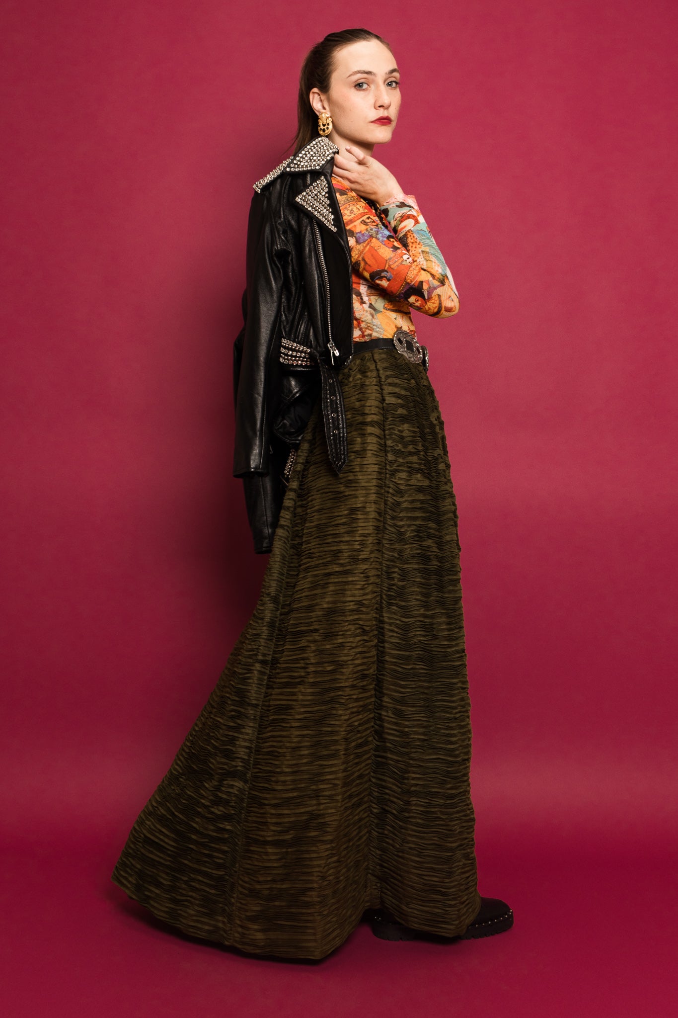 Model Emily in LA Roxx Jacket & Sybil Connolly Skirt @ Recess LA