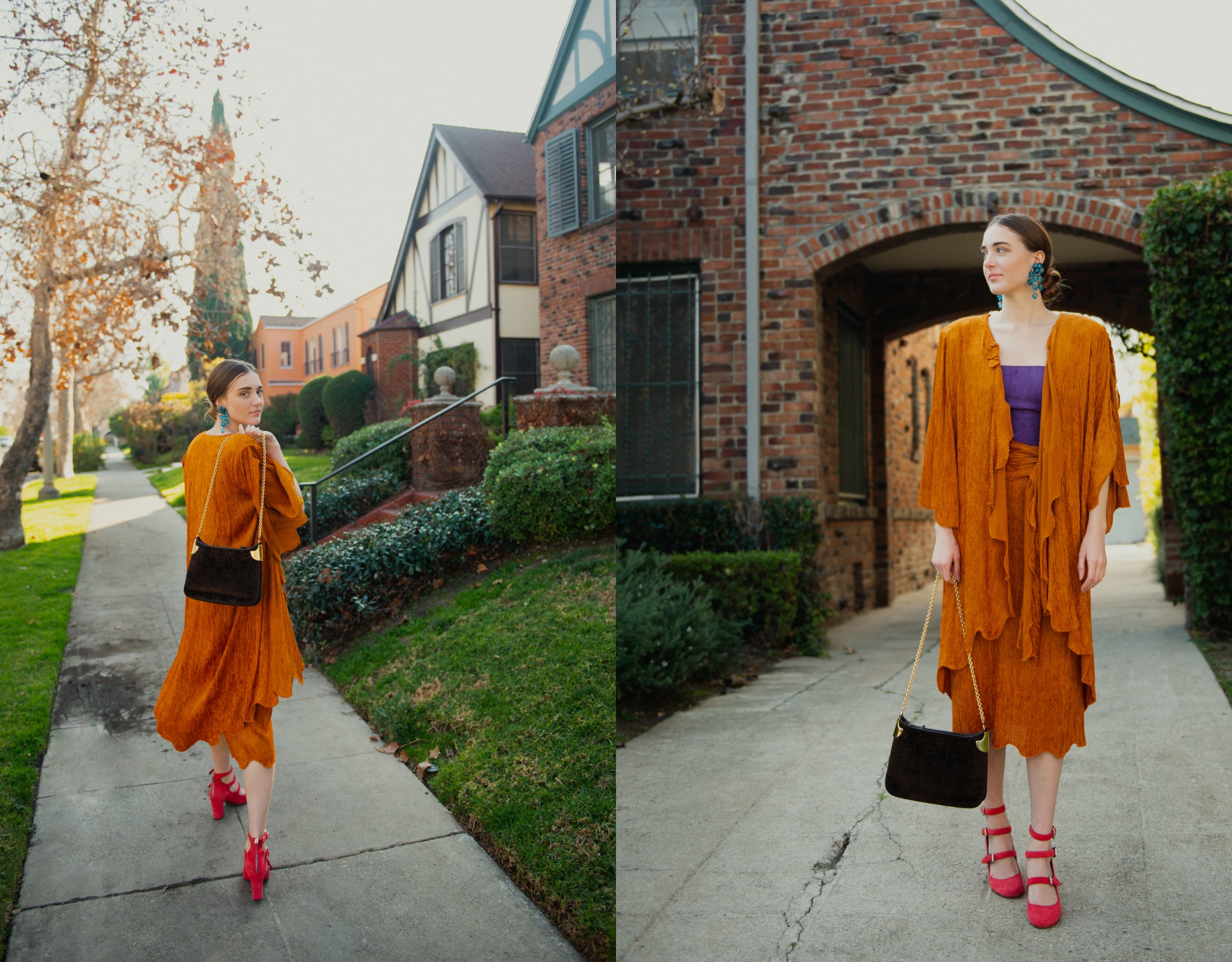Girl in orange Vintage Holly’s Harp Jacket and Skirt Set from Recess Los Angeles on the sidewalk