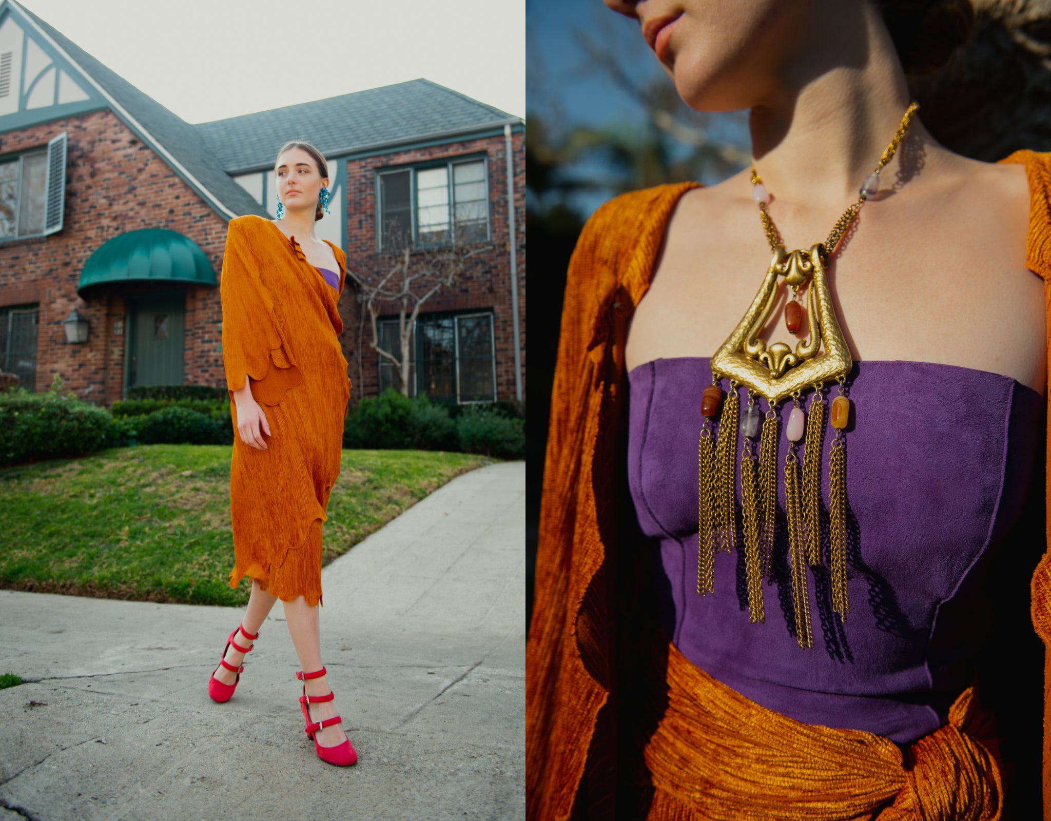 Girl in orange Vintage Holly’s Harp Jacket & Skirt Set from Recess Los Angeles on the sidewalk