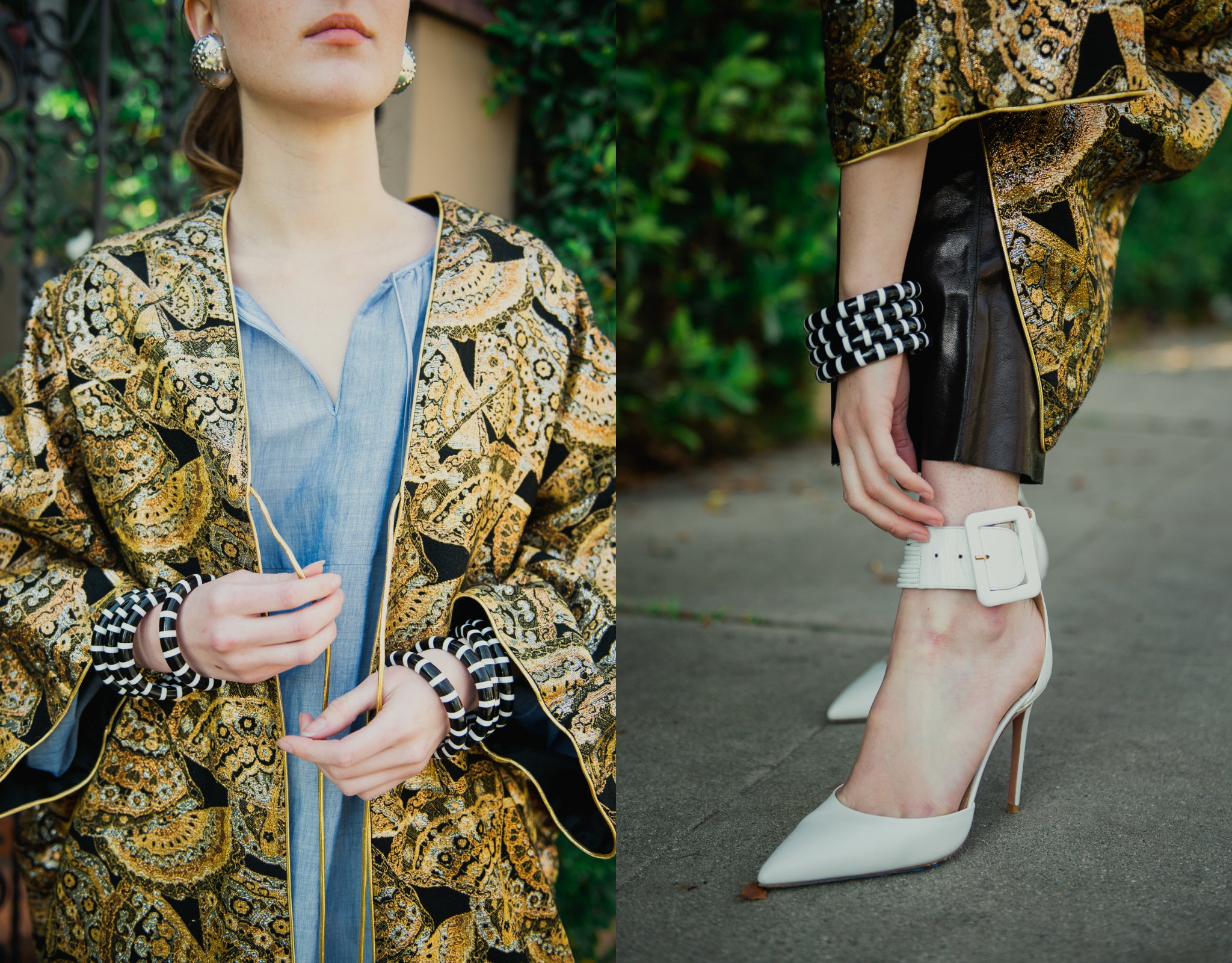 Girl in gold brocade Anthony Muto Cocoon coat leather pants & white heel front of gated shrubs