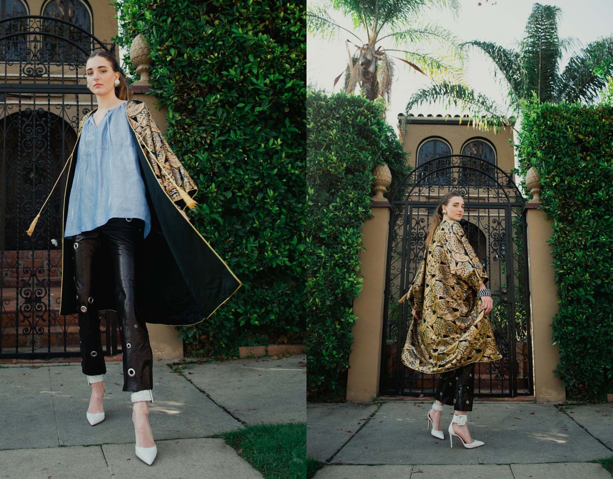 Girl in gold brocade Anthony Muto Cocoon coat and leather pants in front of gated shrubs
