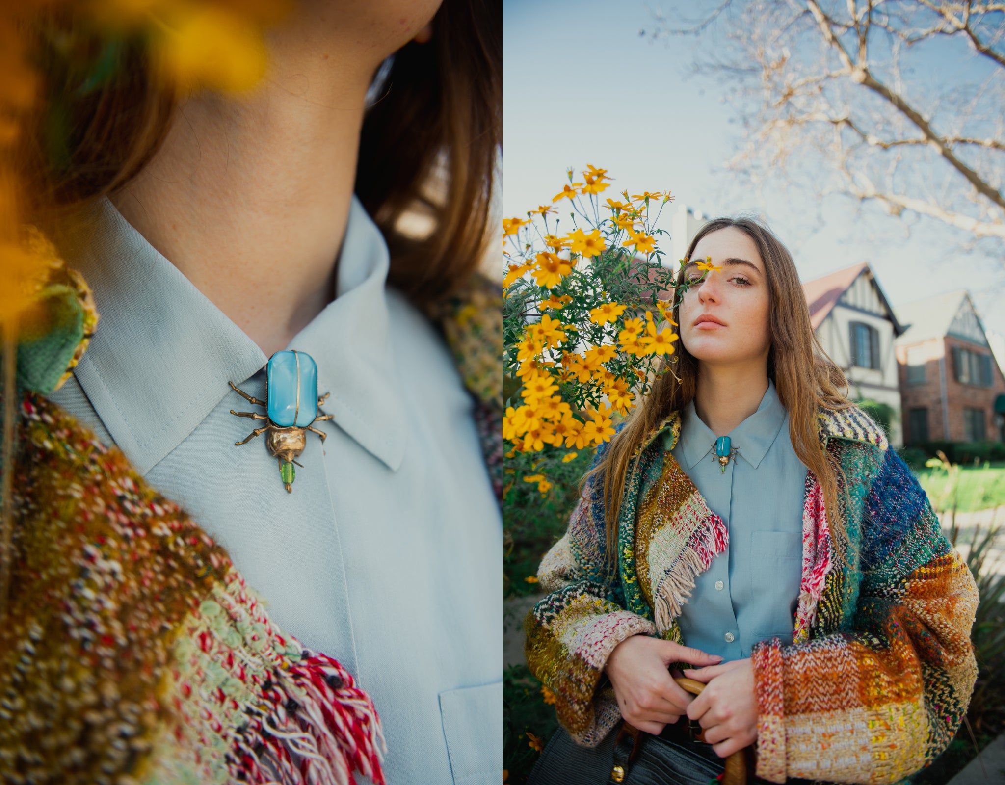 Girl in Rainbow JC de Castelbajac blanket coat & turquoise bug brooch w flowers