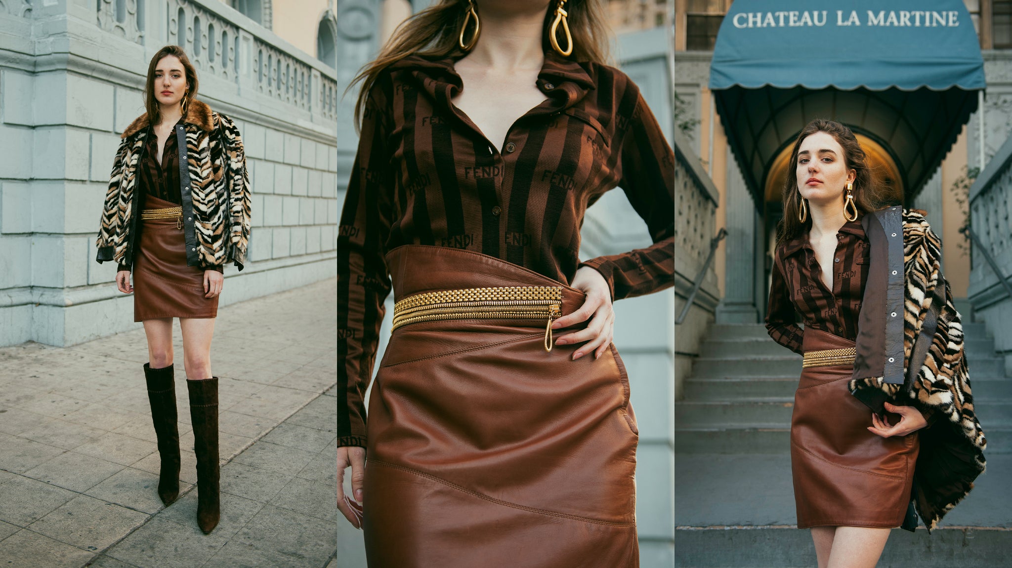 Recess Vintage Girl in Mink Chevron Jacket, leather skirt, & fendi top posing in front of building