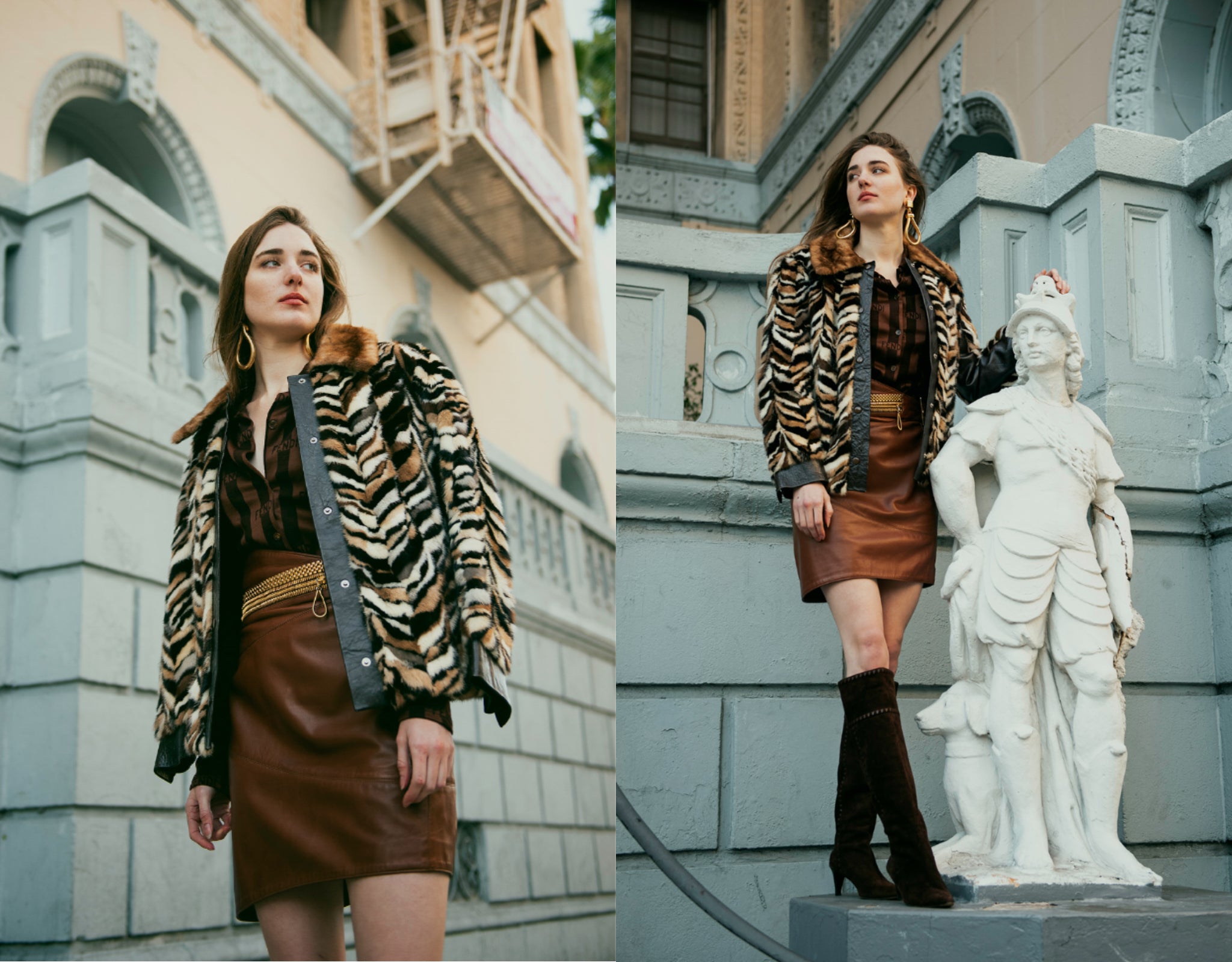 Recess Girl in Vintage Zoo Furs Chevron Mink Coat, Ferre Leather Skirt Posing with statue