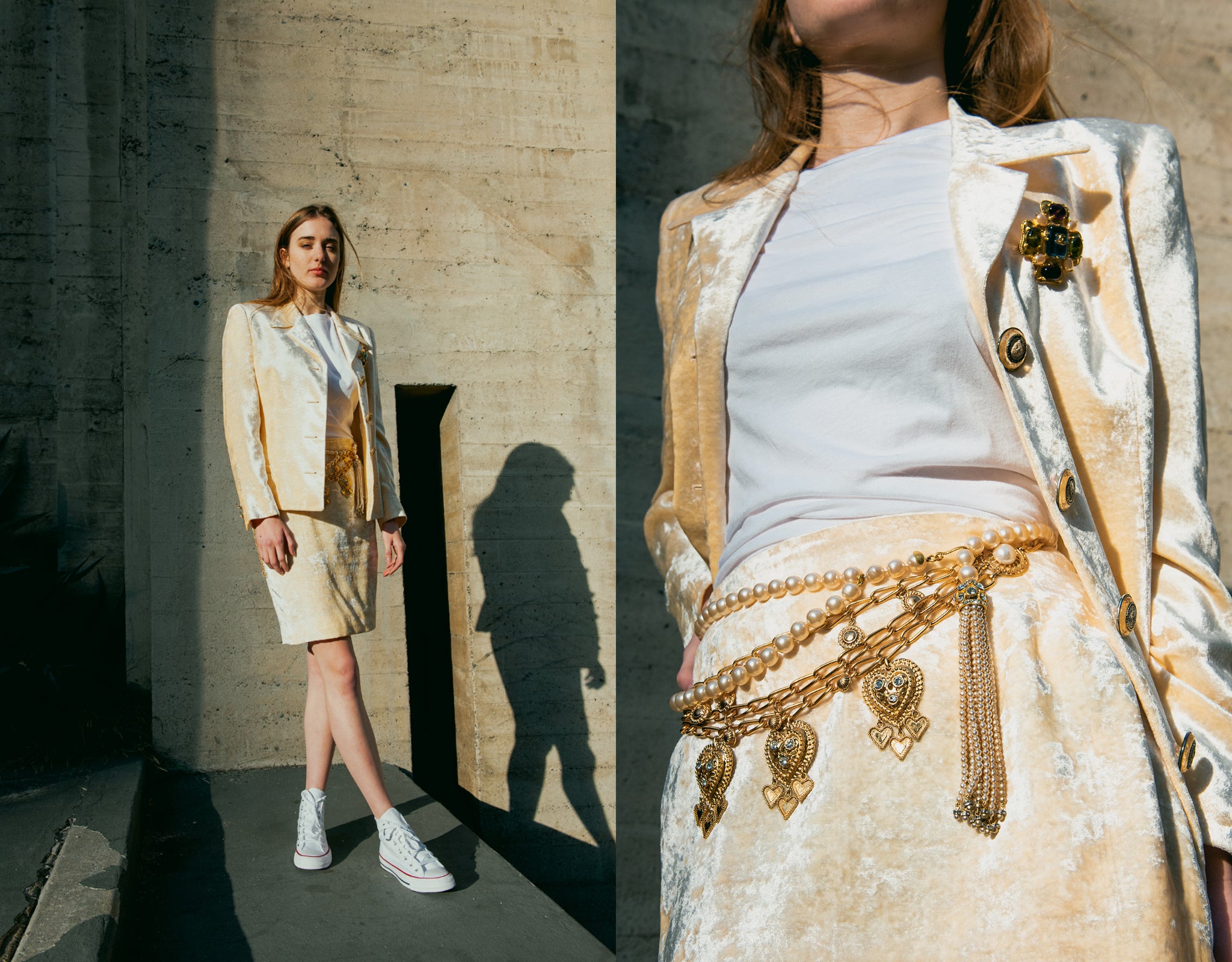 Recess Vintage Girl in Cream Versace crushed velvet skirt suit with chanel jewelry