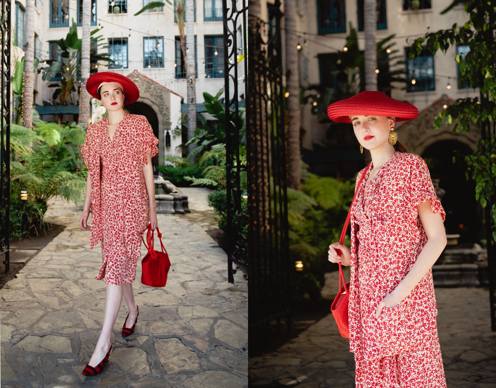 Girl wearing Sonia Rykiel red floral print jacket top and skirt set with red hat and purse