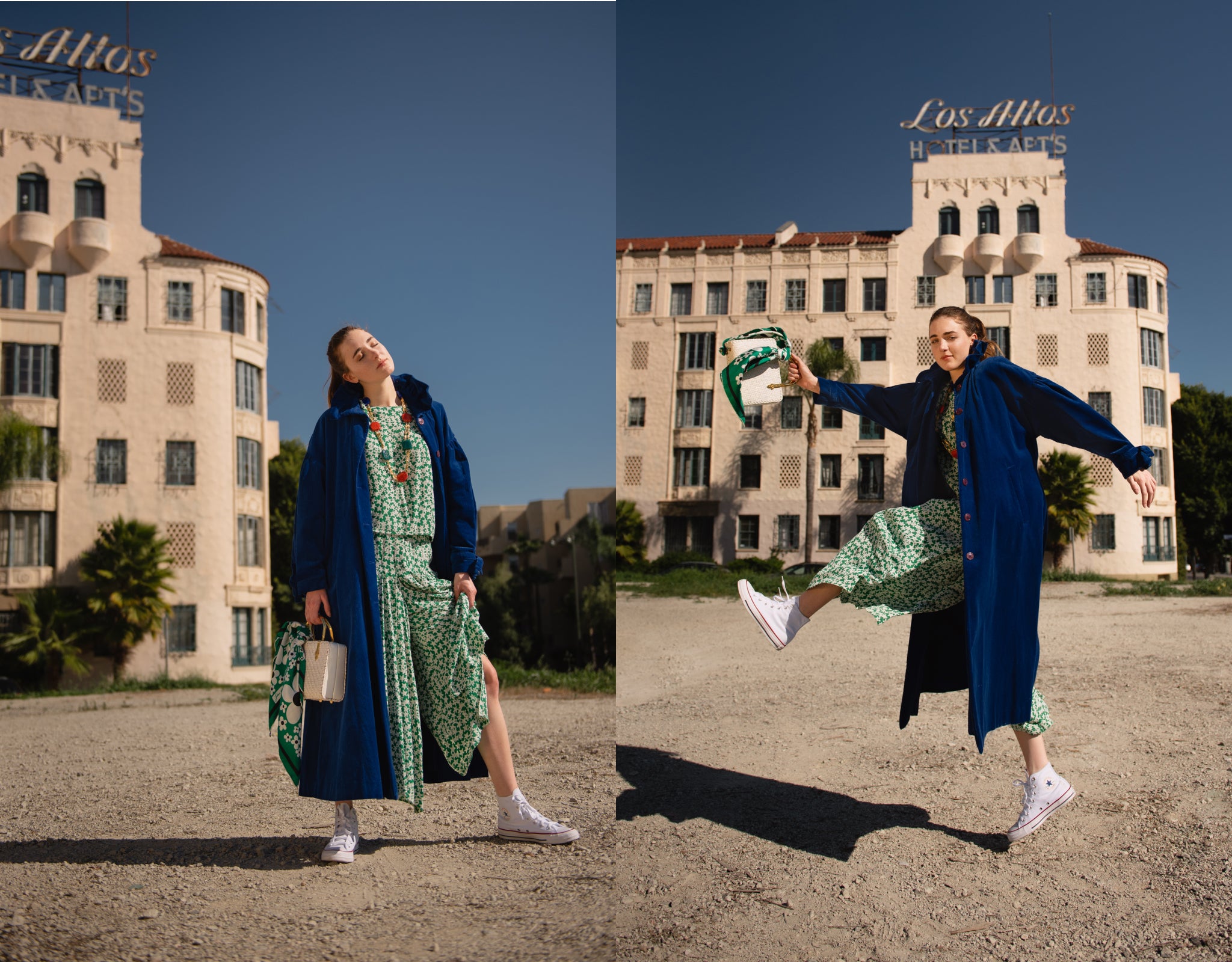 Girl Wearing Vintage Sonia Rykiel Green Star Print Top and Culotte with Blue Corduroy Coat