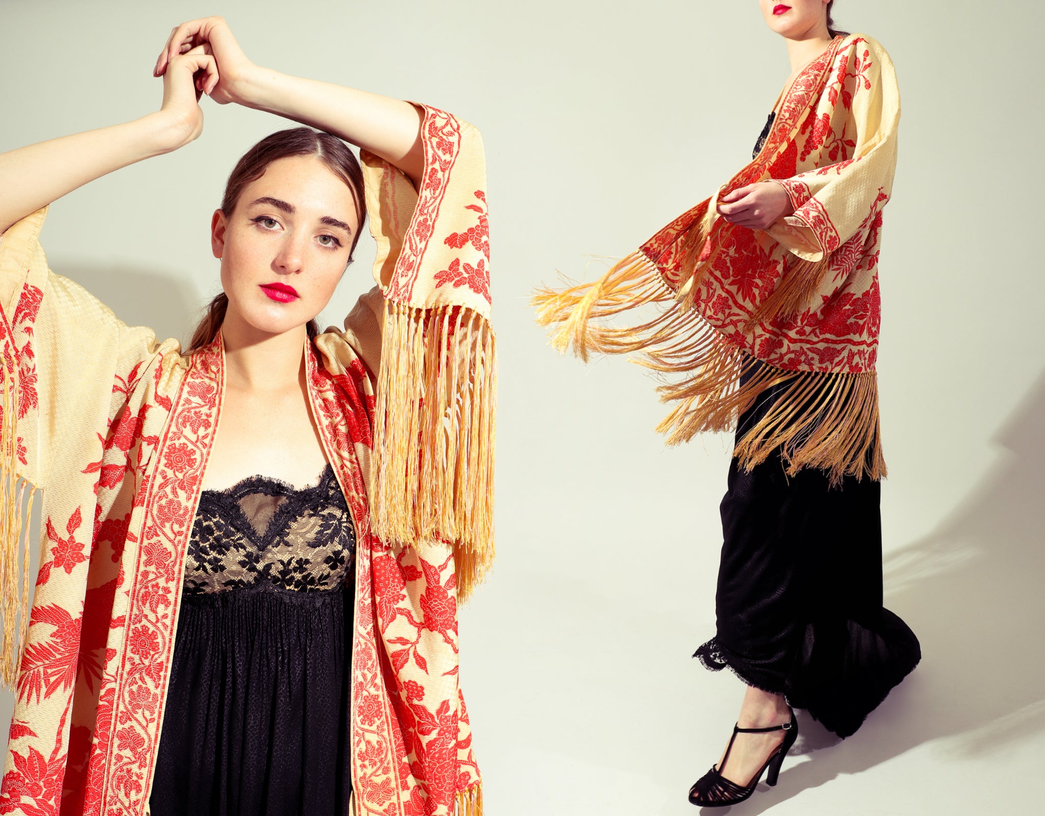 Girl wearing vintage embroidered kimono and lace dress from Recess Los Angeles