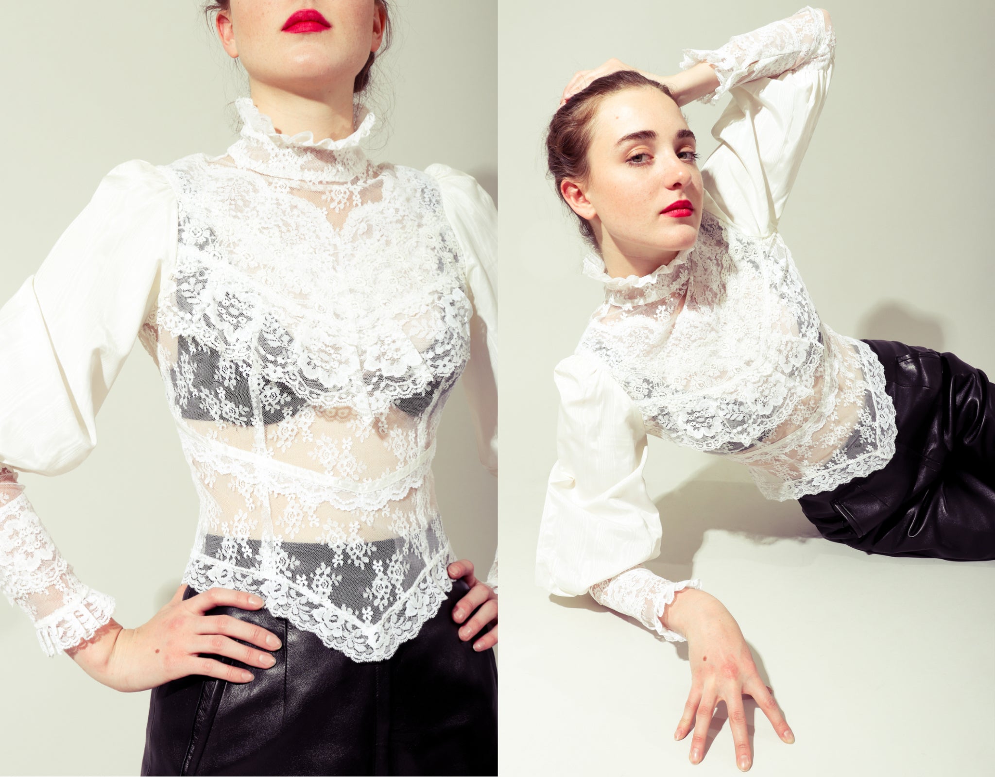 Girl wearing Vintage Lace blouse & Leather pant from Recess Los Angeles
