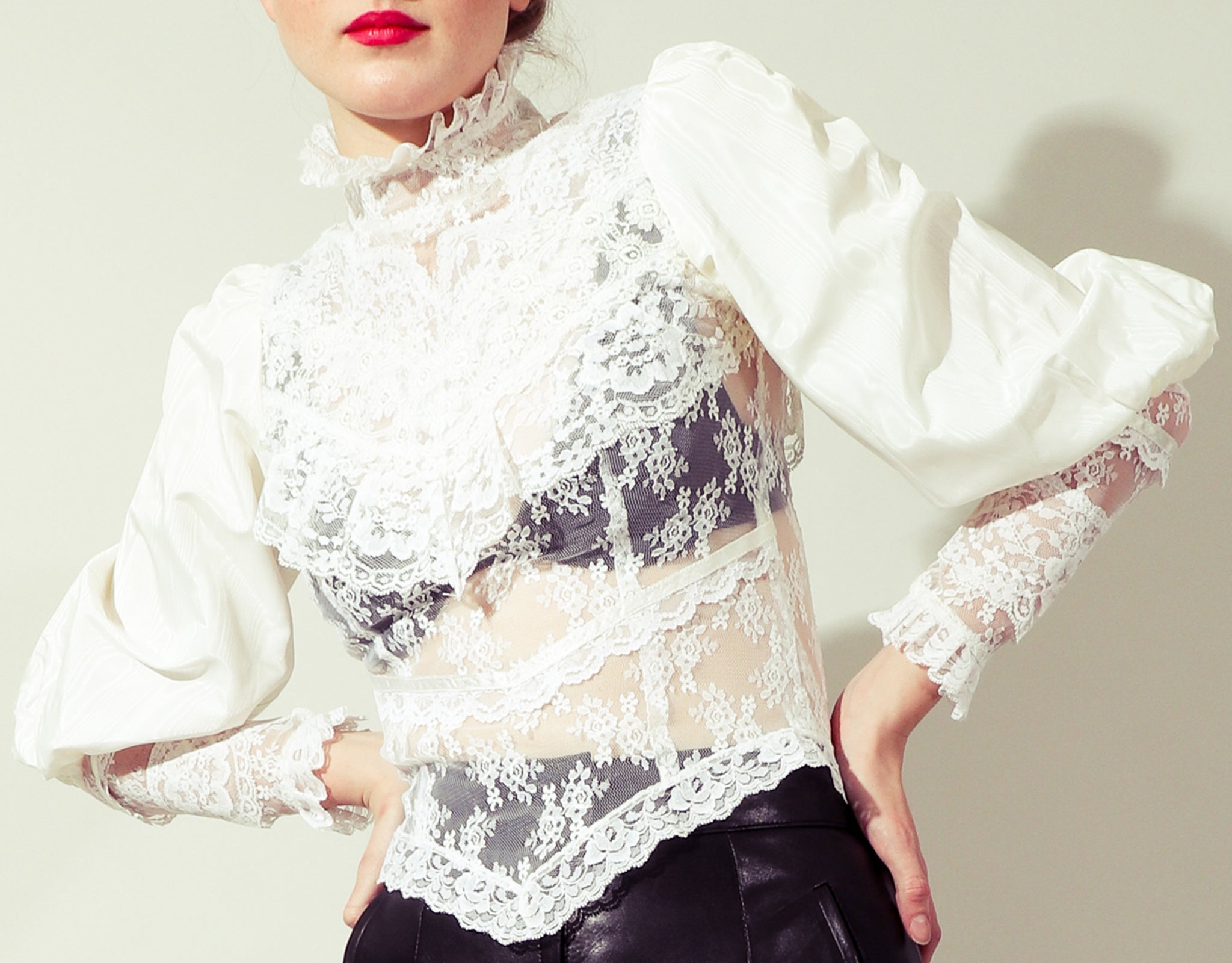 Girl wearing Vintage Lace blouse & Leather pant from Recess Los Angeles