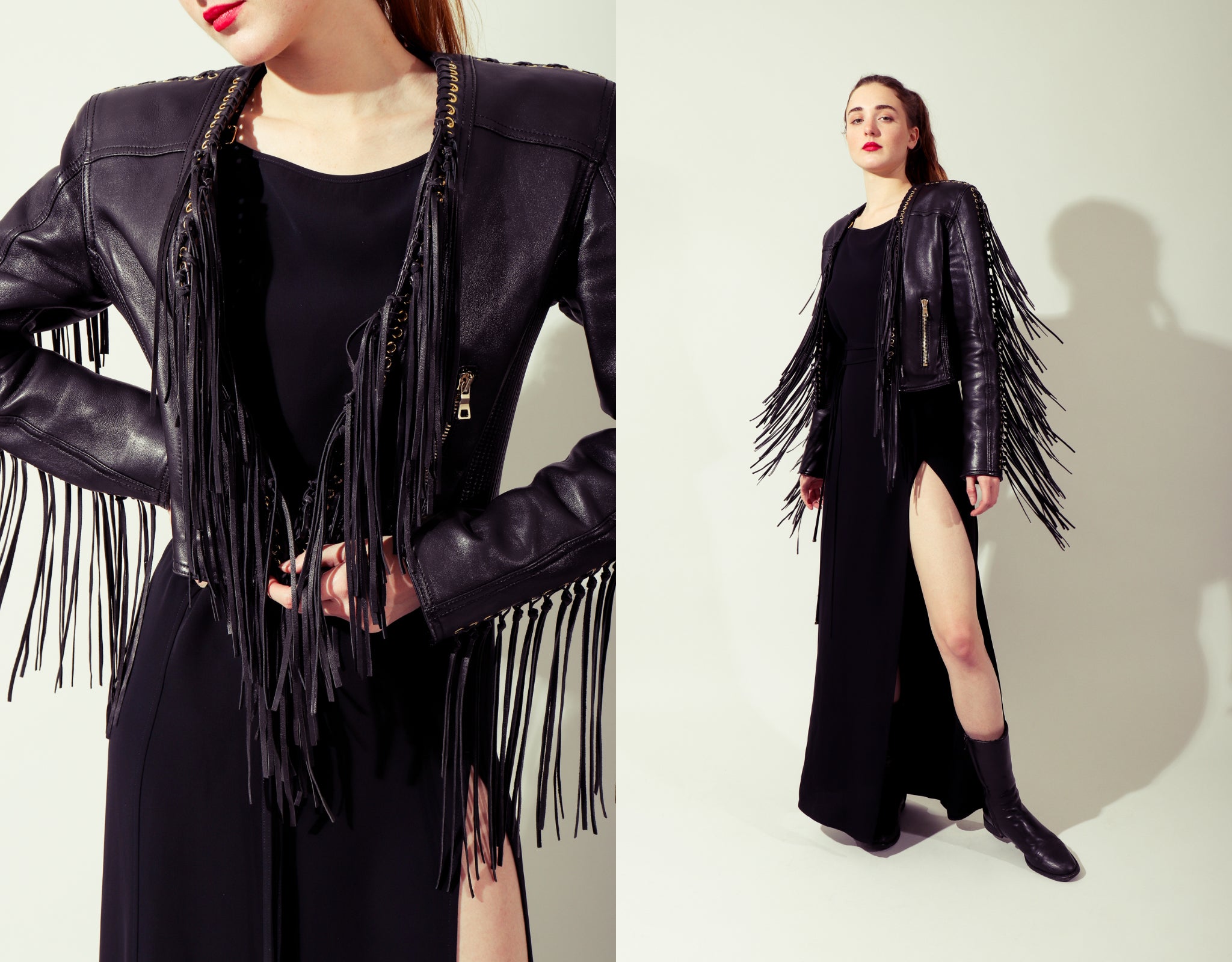 Girl wearing Jean Paul Gaultier Grommet Dress & Balmain Fringe Leather Jacket Recess Los Angeles
