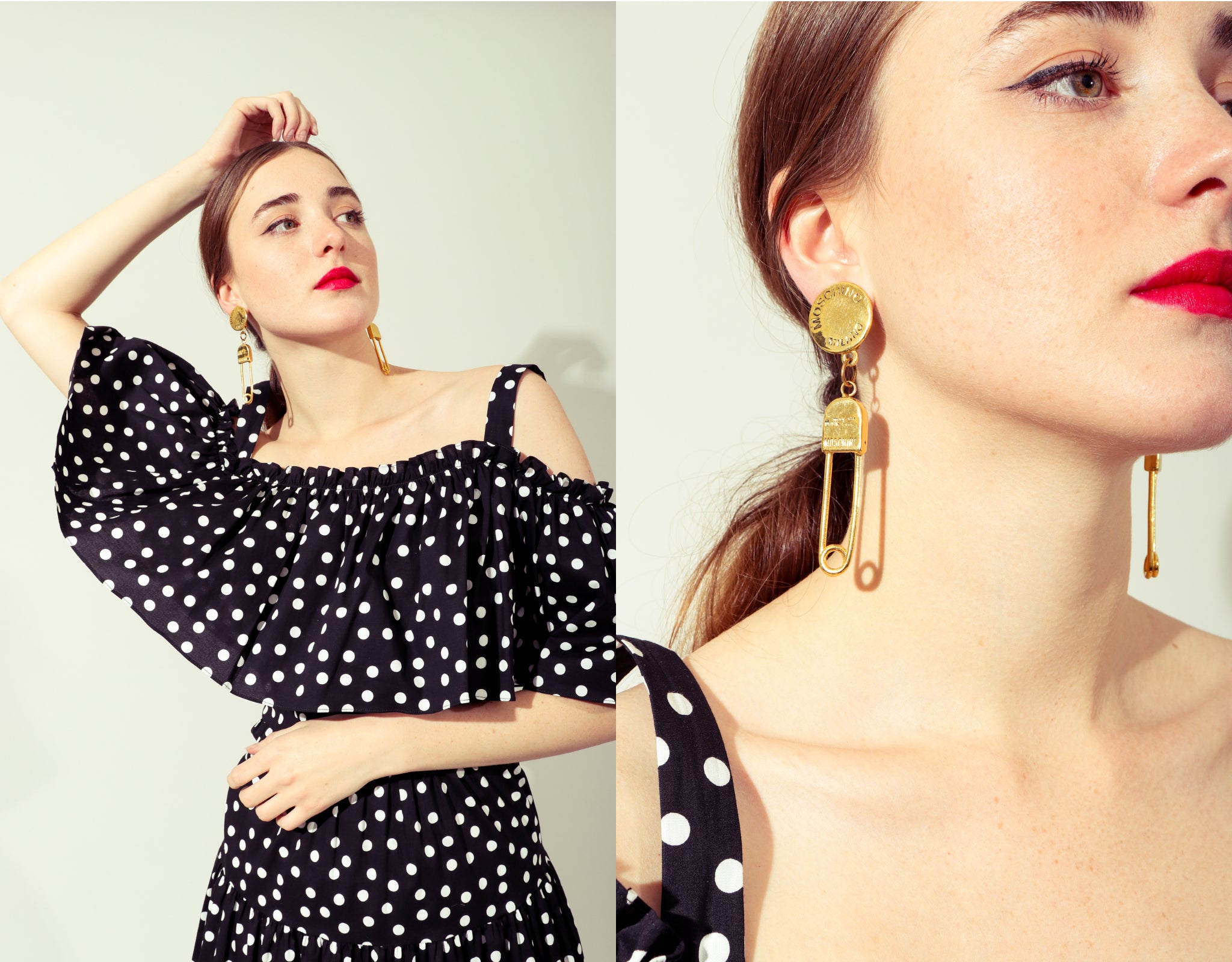 Girl wearing Vintage Dolce & Gabbana polka dot dress and Moschino earrings