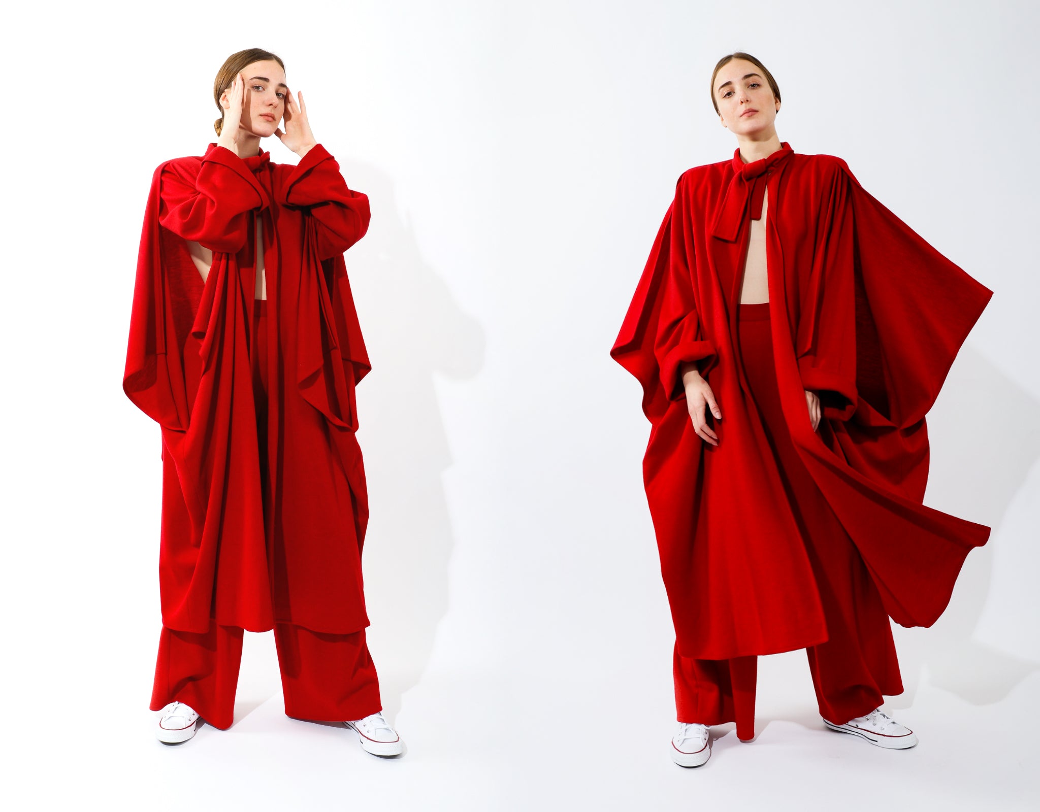 Girl wearing vintage Sonia Rykiel red  knit cape coat & pant set