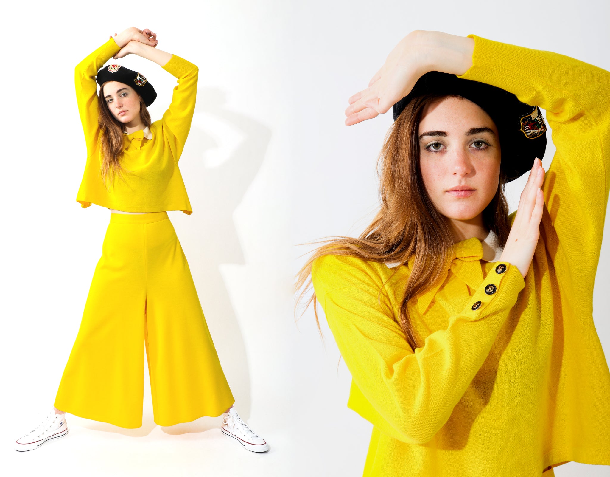 Girl wearing vintage Sonia Rykiel yellow collared top and gaucho pant with european crest beret