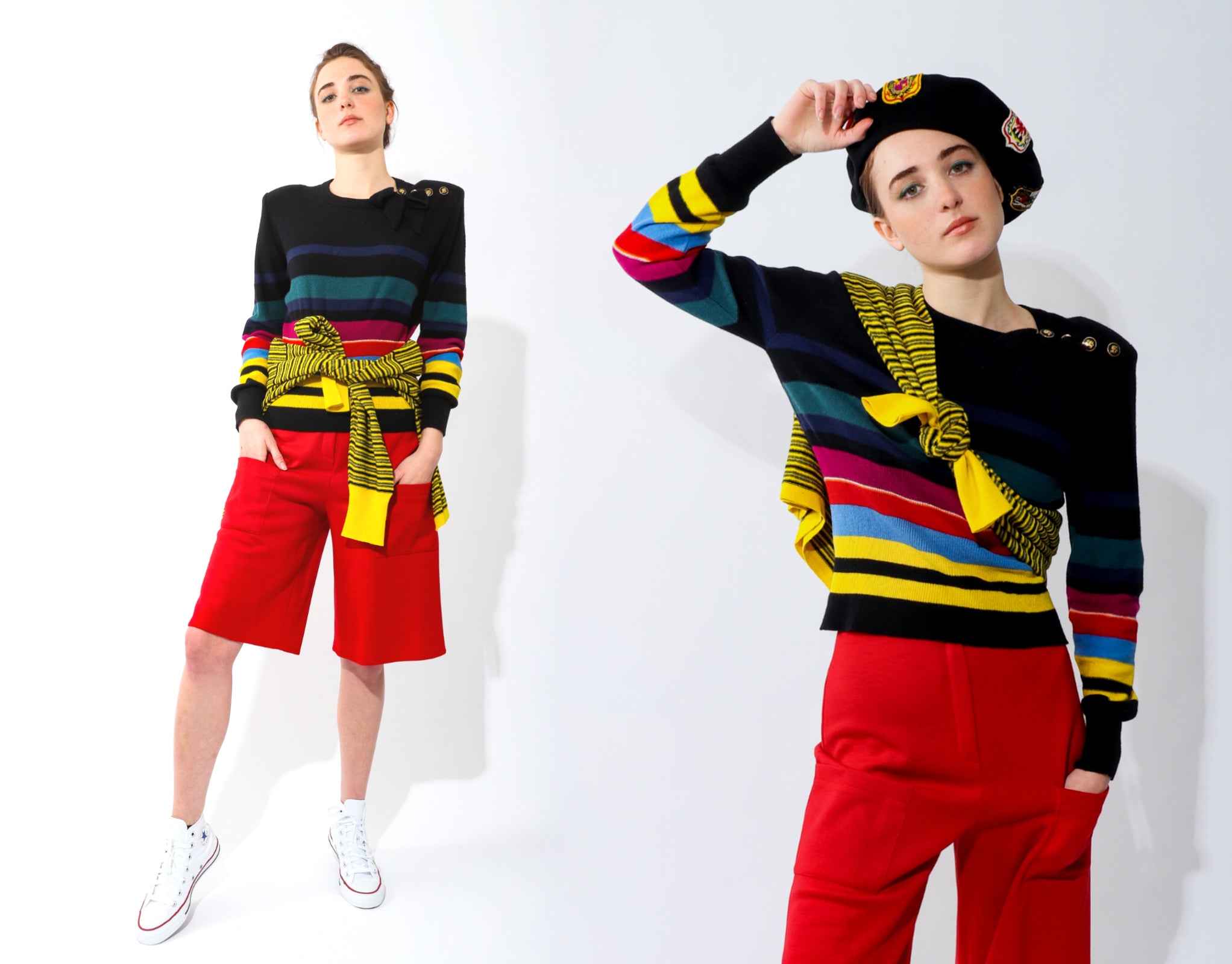 Recess Vintage Sonia Rykiel Rainbow Girl in red shorts & black sweater w/ waist tie sweater