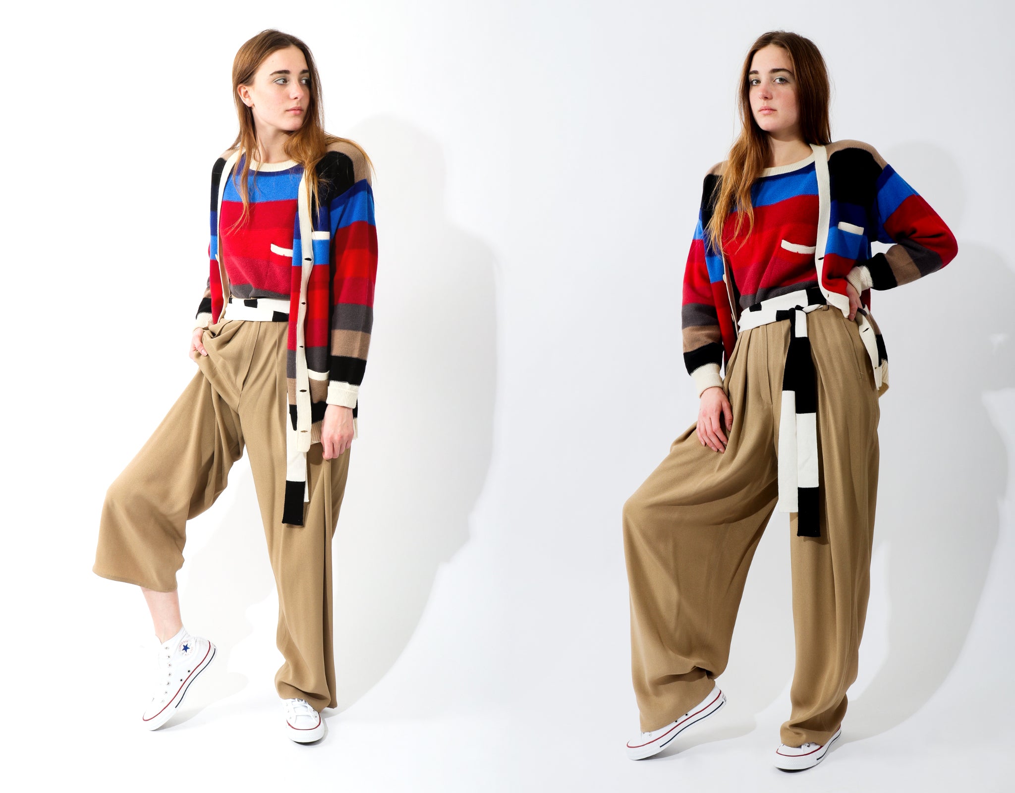 Recess Vintage Sonia Rykiel Rainbow Girl in colorful stripe sweaters and khaki trousers