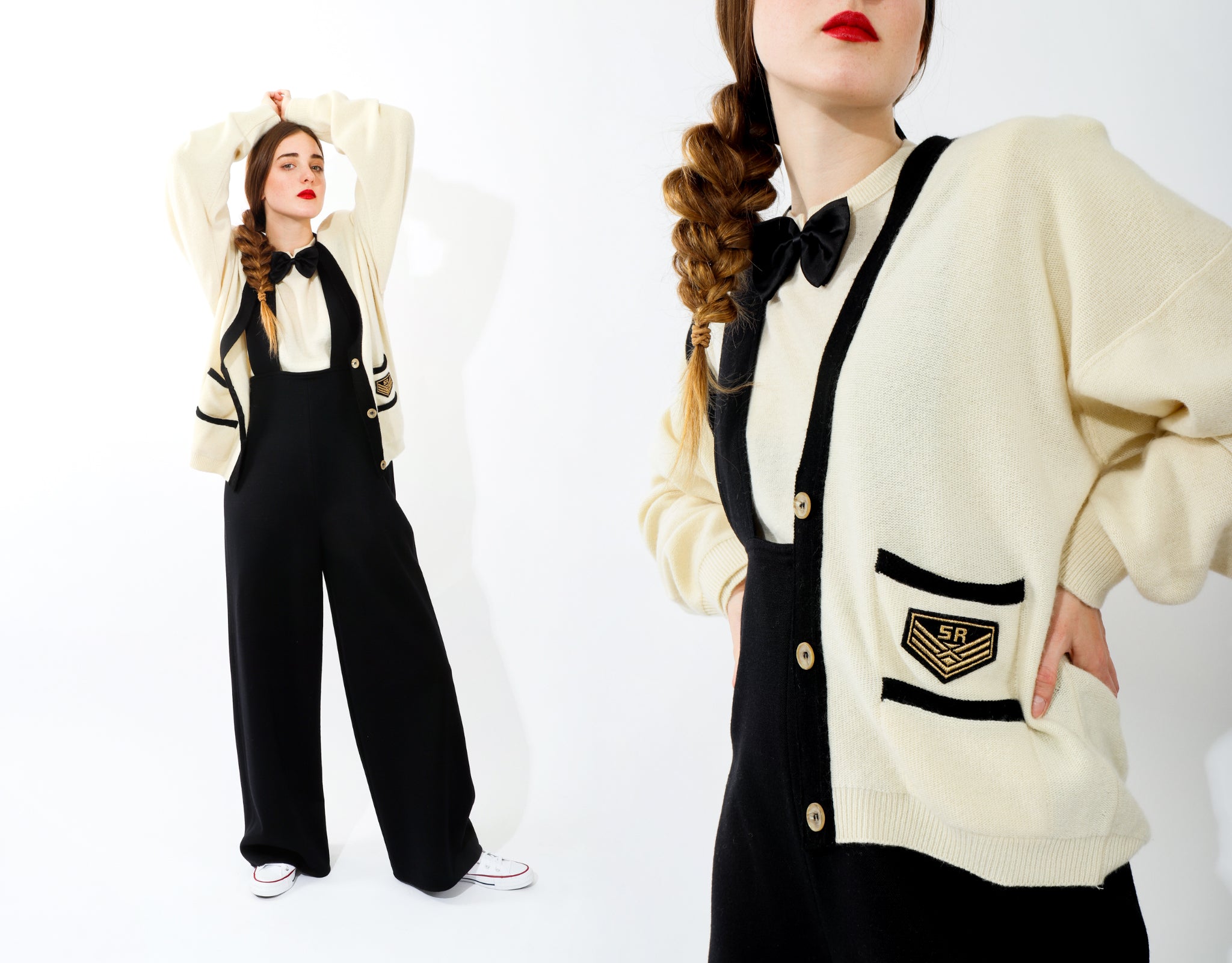 Girl wearing Sonia Rykiel cream cardigan and black suspender pant with red lipstick at Recess