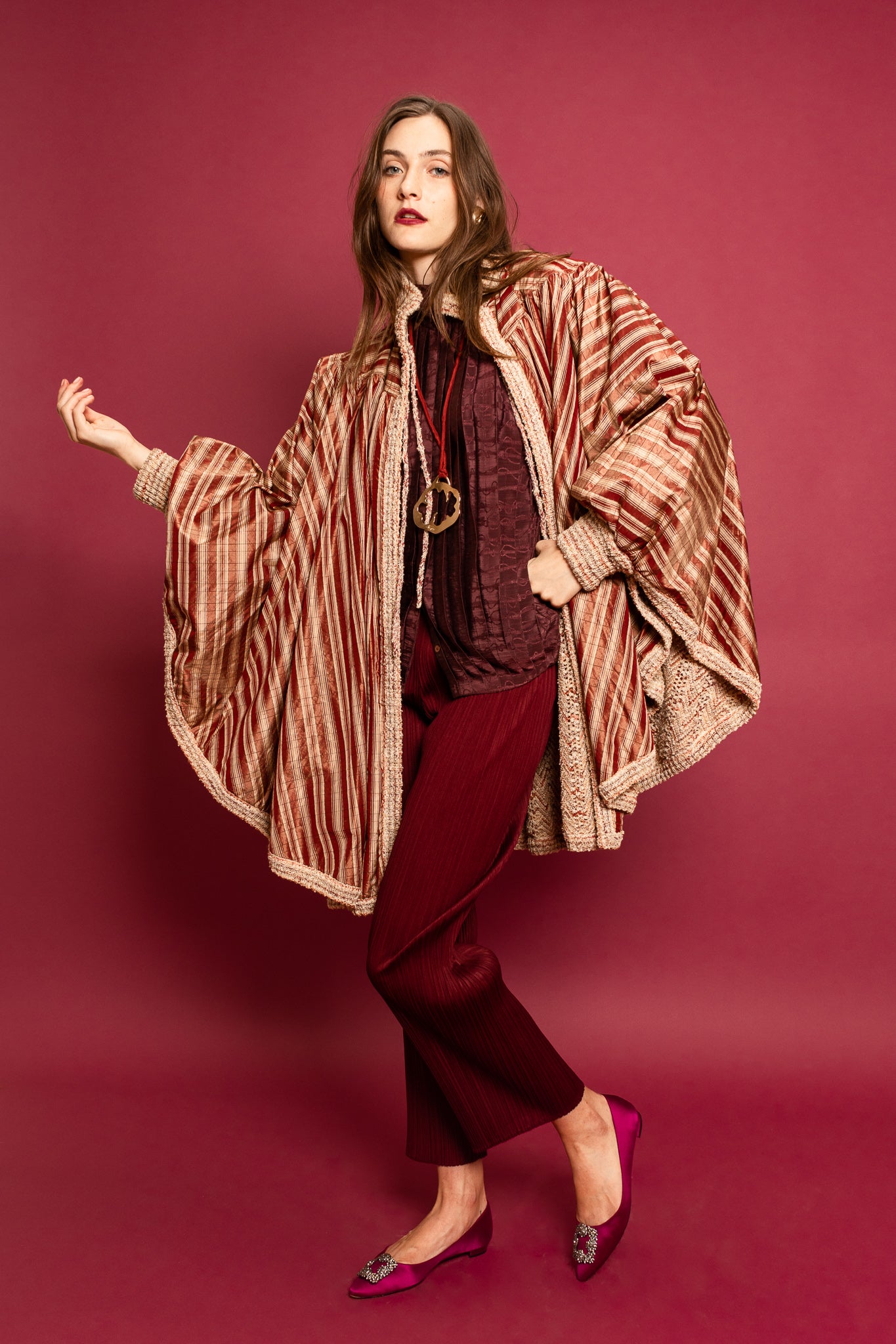 Model Emily in Missoni Cape, Gucci Blouse, & Issey Miyake Pant @ Recess LA