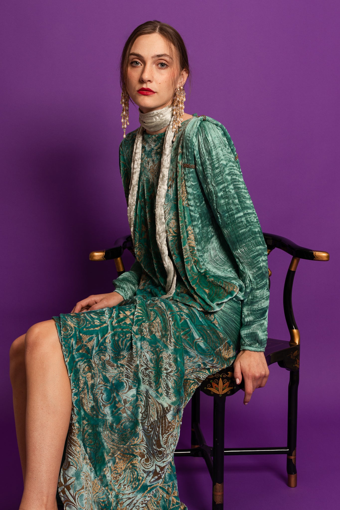Model Emily in Vintage Velvet Dress & Simone Edouard Earrings @ Recess LA