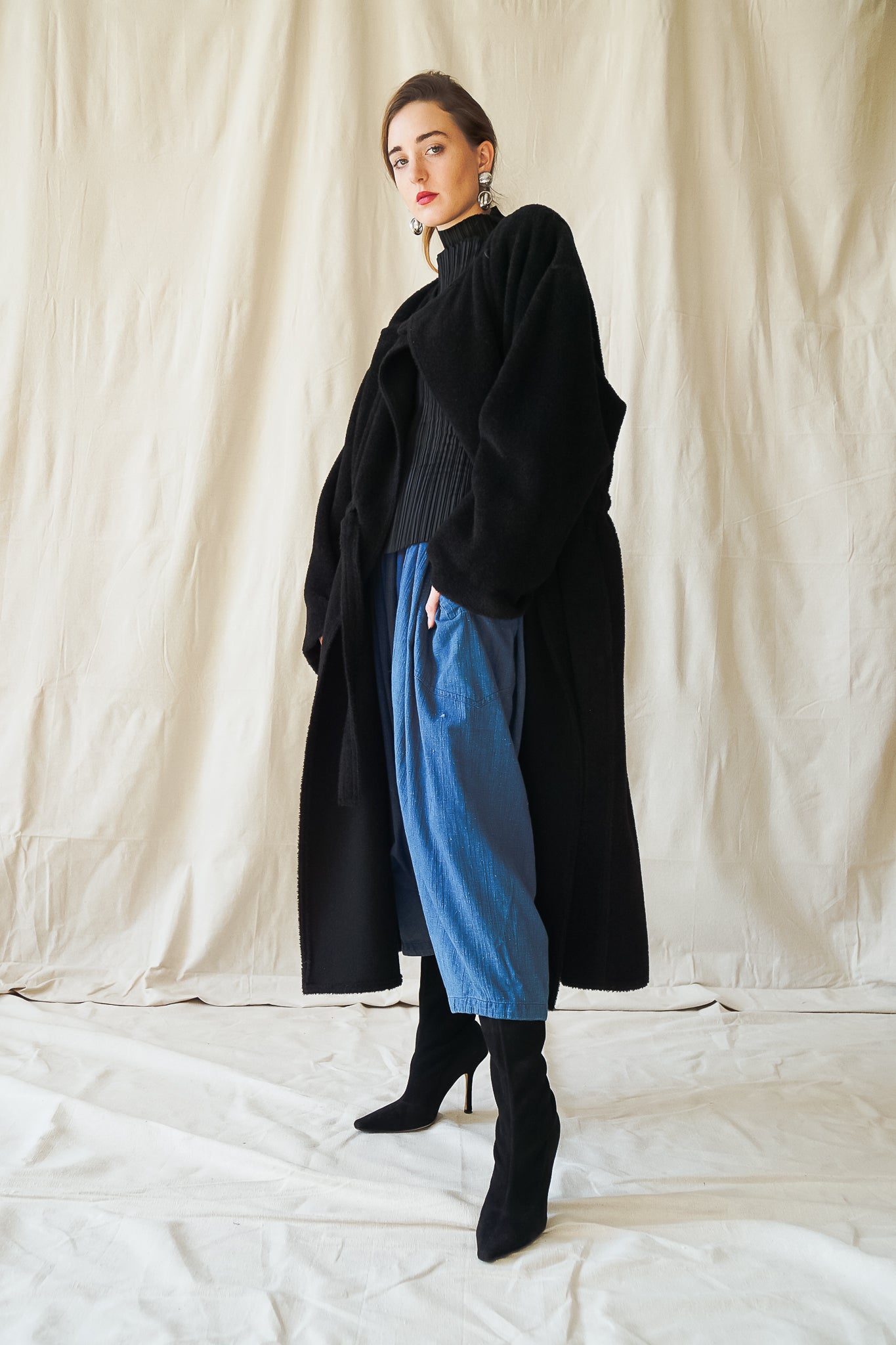 Recess Vintage LA Girl in black Issey Miyake top, Plantation harem pant, Sonia Rykiel coat