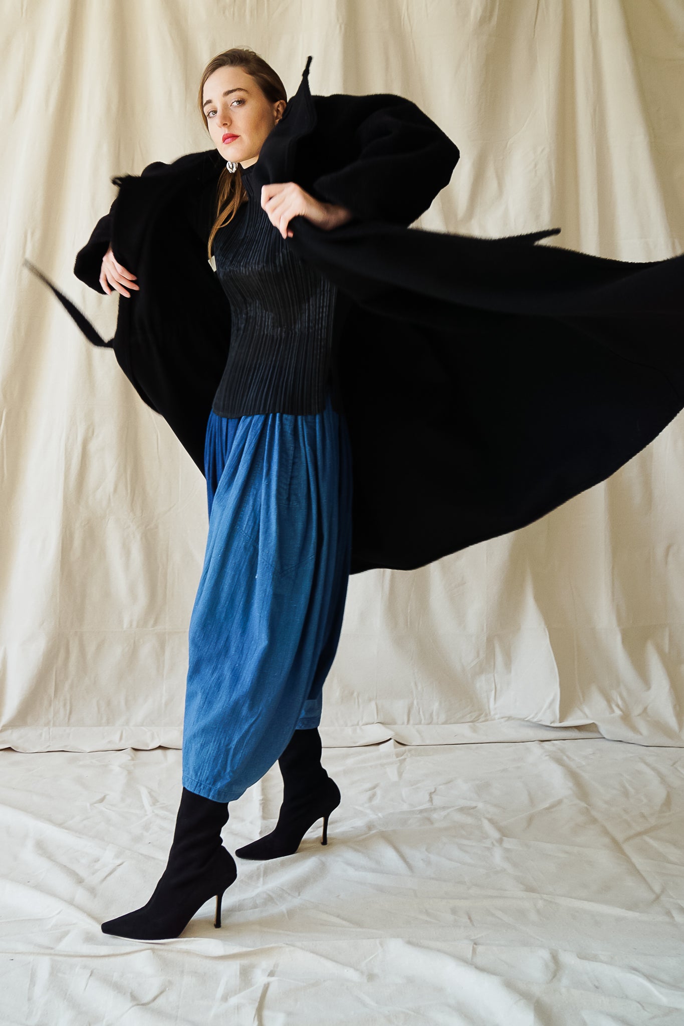 Recess Vintage LA Girl in black Issey Miyake top, Plantation harem pant, Sonia Rykiel coat
