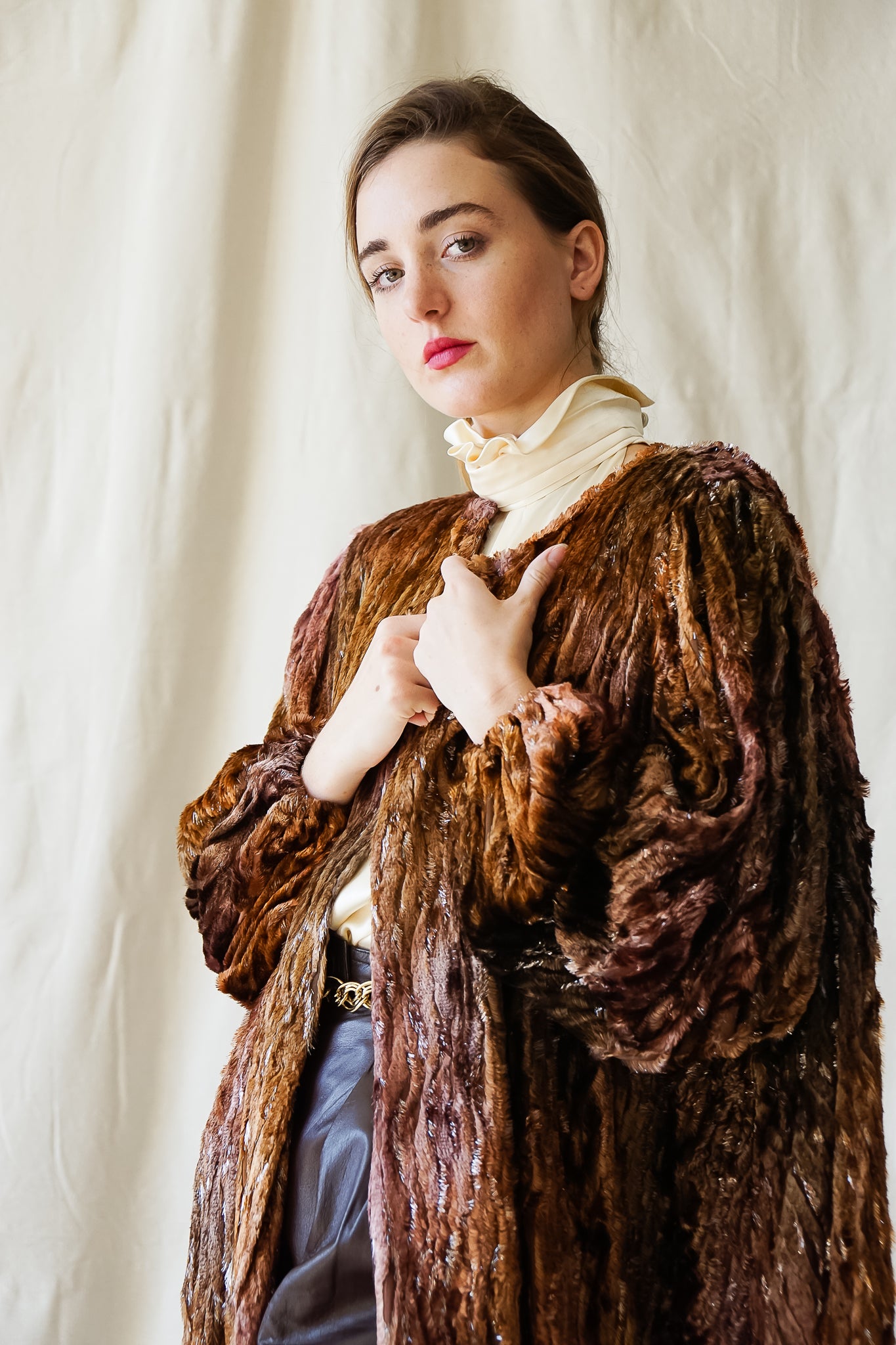 Recess Vintage Los Angeles Girl in Diane Freis faux fur velvet lamé cape coat & YSL leather pants
