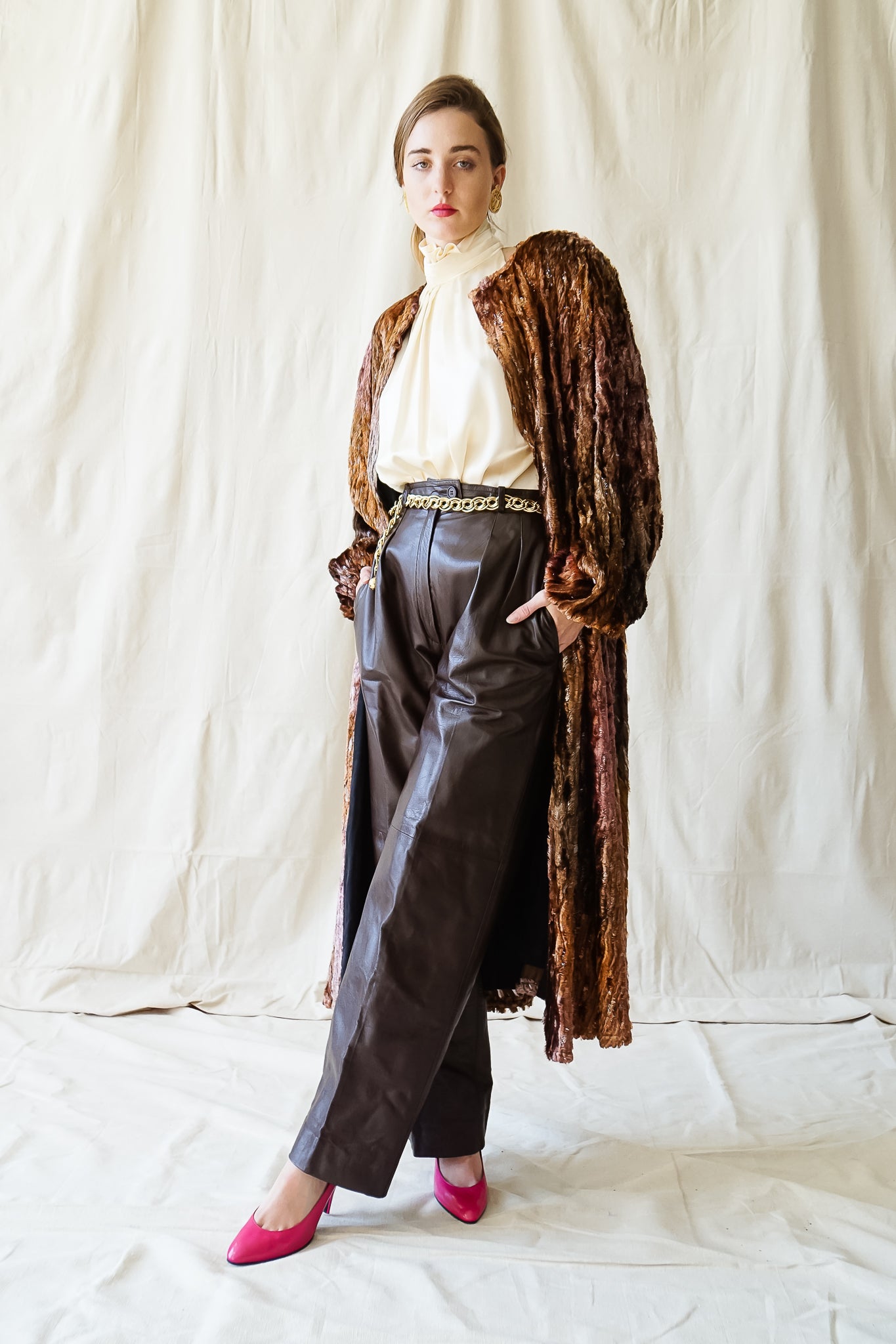 Recess Vintage Los Angeles Girl in Diane Freis faux fur velvet lamé cape coat & YSL leather pants