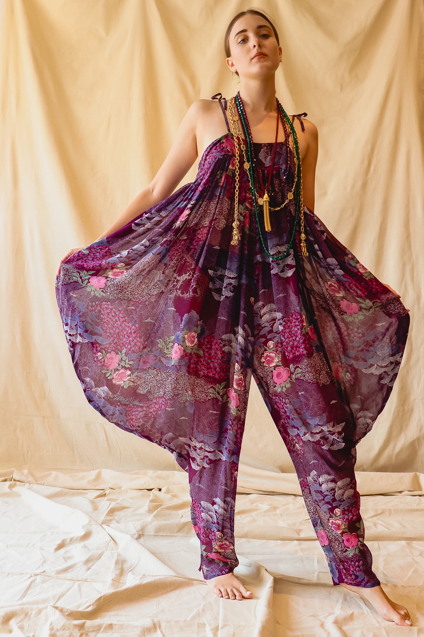 Recess Vintage Consignment LA Girl in Adini Sheer Purple Harem Jumpsuit and necklaces