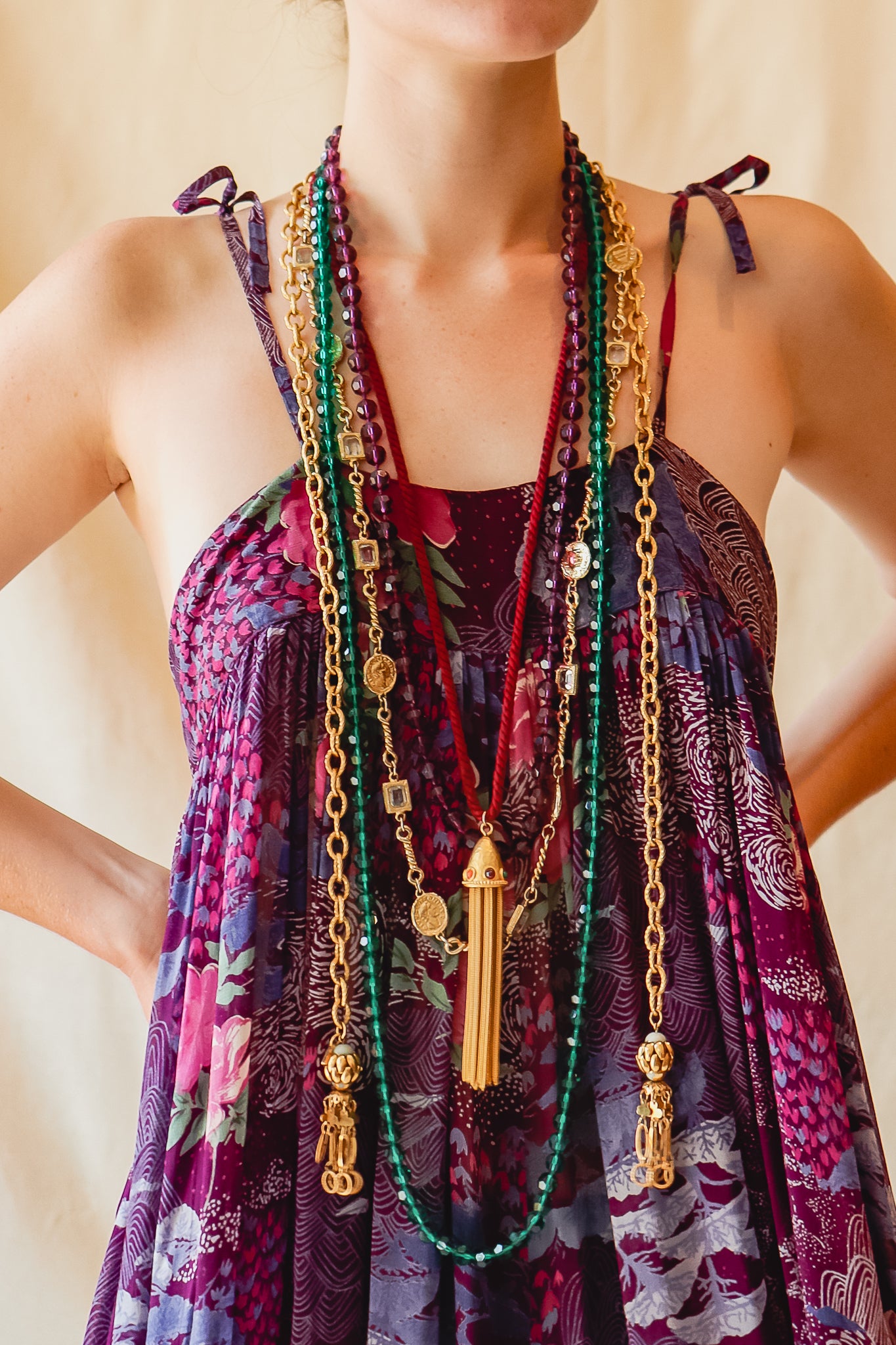 Recess Vintage Consignment LA Girl in Adini Sheer Purple Harem Jumpsuit and necklaces