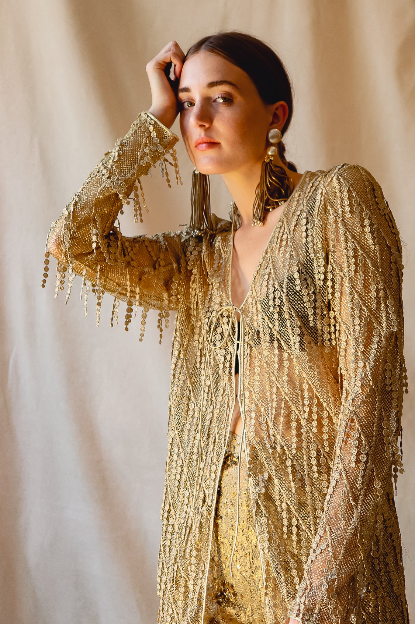 Recess Vintage Consignment LA Girl in Badgley Mischka gold crochet top & sequin pant set